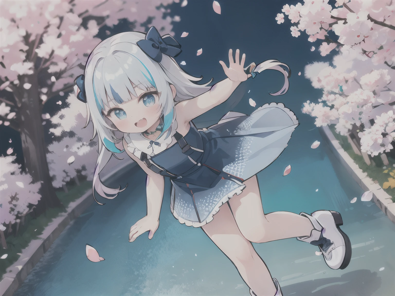 (full-body shot, upward camera angle, 4k, ultra-detailed, high-quality), petals falling, cherry blossoms lining the pathway, 1 girl, side hair bow, blue and white Lolita style, blue hair, blue eyes, blushing with a smile revealing her canines, flowing hair, light blue dress with white patterns, hands lifting the skirt in front of her legs, small fish-shaped accessories hanging from her body