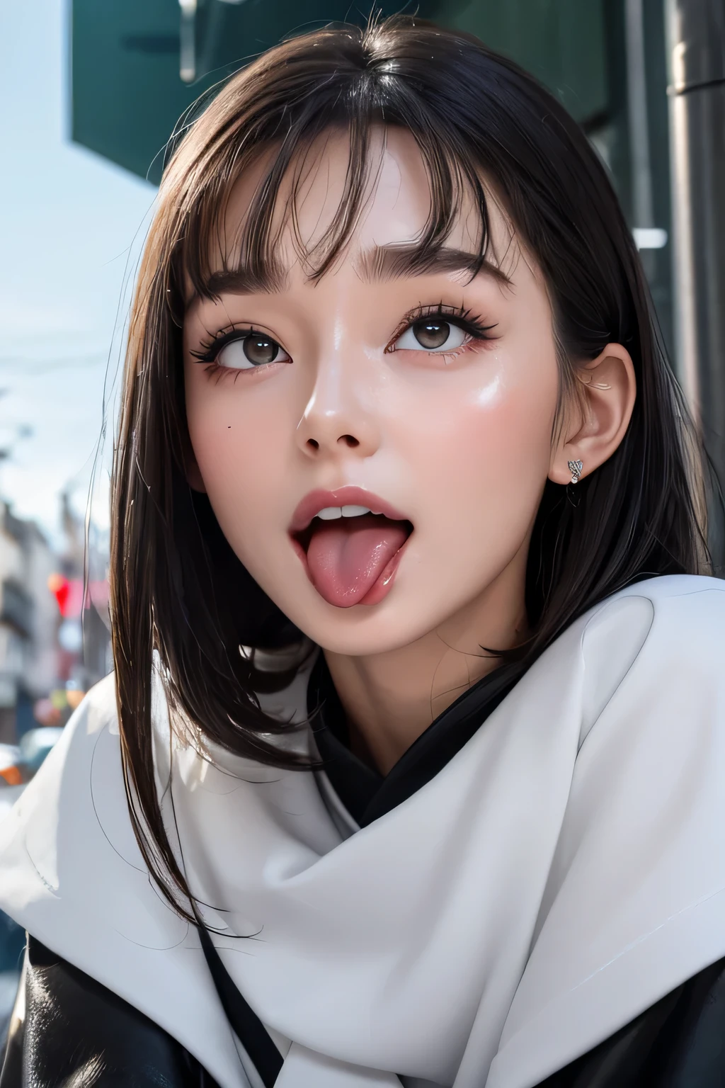 Audrey Hepburn、1 girl,debris flies,,Award-winning photo, very detailed, focus the eyes clearly, nose and mouth,face focus, super close up of face、woman with open mouth and closed eyes,20-year-old,black hair、symmetrical face,realistic nostrils、angle from below、elongated C-shaped nostrils,,,,,,,,,,,NSFW,sweaty and shiny skin、skin shining with sweatを強調する照明、((sharp nose))skin shining with sweat、shiny skin、sweaty hair、semi-backlit lighting、(wrinkles between eyebrows))(cum on tongue)、deep kiss、((thin eyebrows))oily skin、Glittering skin、double eyelid、wet and shiny tongue、Beautiful face woman with wet tongue full of foam、Beautiful woman、medium hair,roll your eyes、shortcut、Harajuku street、blouse,upper body only,head is raised,