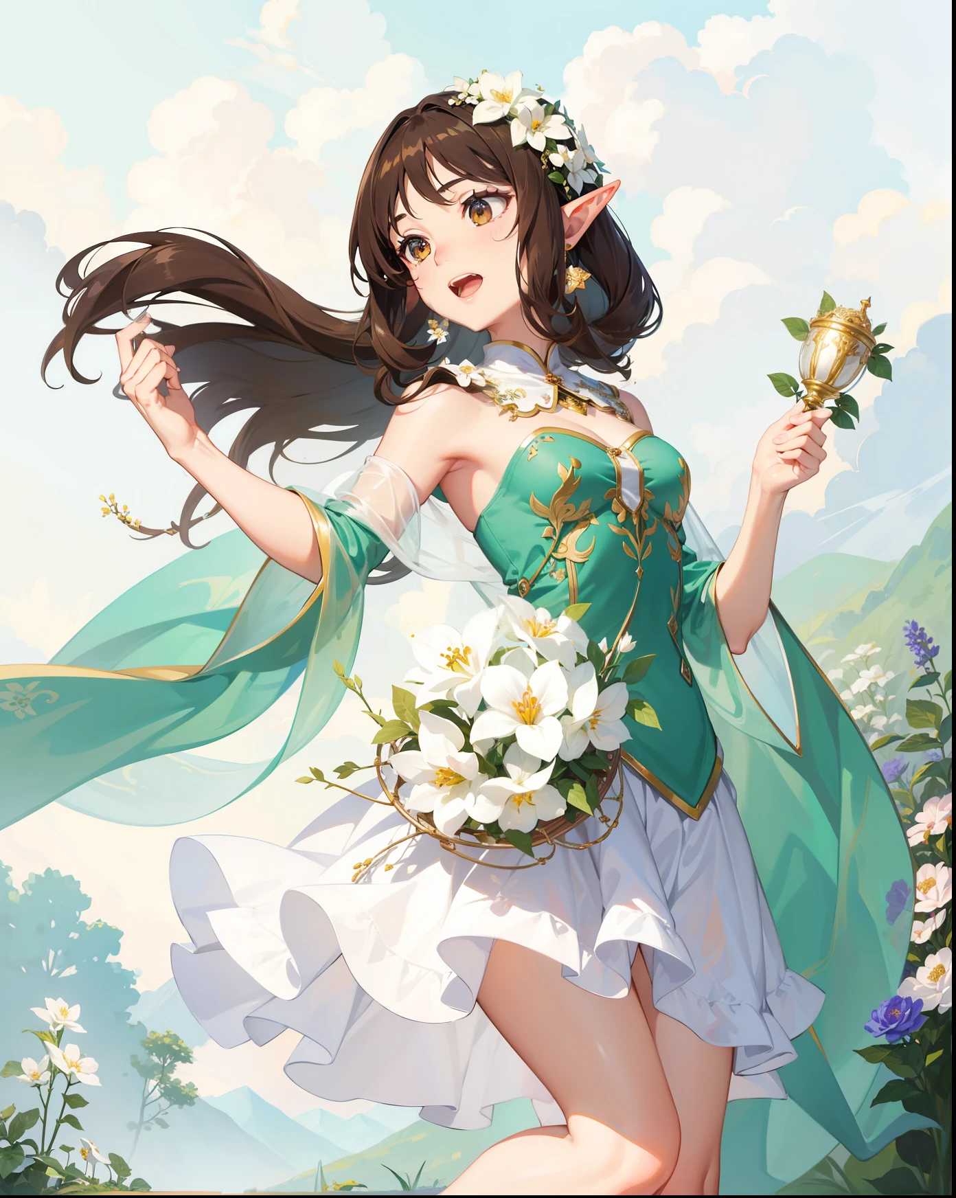 Elf Girl，light brown hair，hair length，brown eyes , shiny skin，Princess，Extremely detailed CGunity8 wallpaper，masterpiece，（Ultra-detailed），（revelation），（flower hairpin，flowers，gardener），grow，Nature，High heel，whole body，Fully equipped with clothes