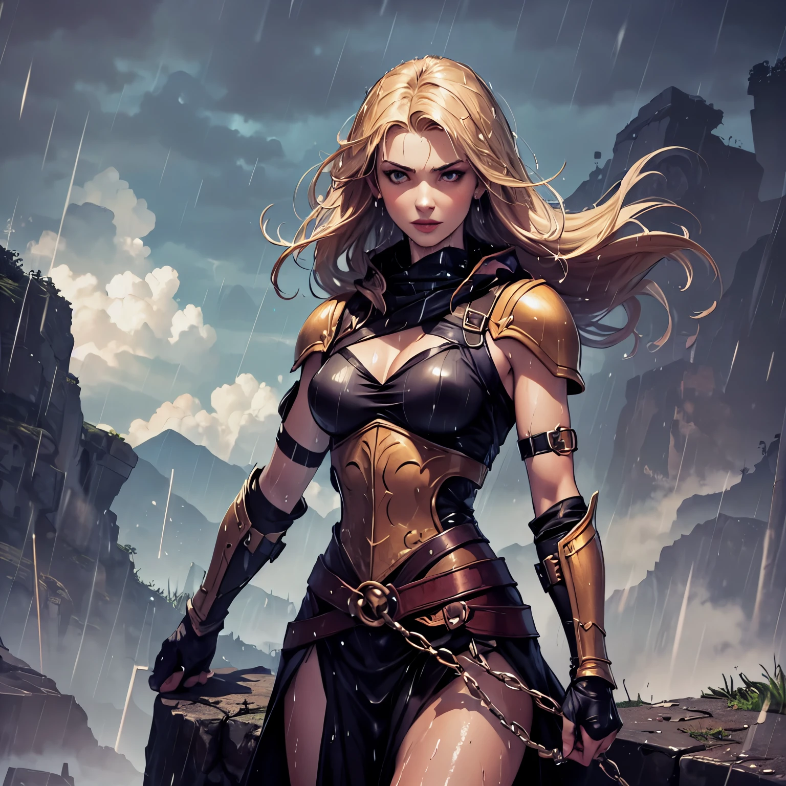 Masterpiece, highly detailed, epic shot BREAK Hot blonde woman, European Sweden, age 20, very beautiful BREAK elegant small breasts, desaturated armour of chainmail and leather stripes with fur BREAK warrior, fit, lithe, curious, looking around BREAK in a group of people, medieval fantasy setting, mountains, (heavy rain:1.3), (wet:1.3)