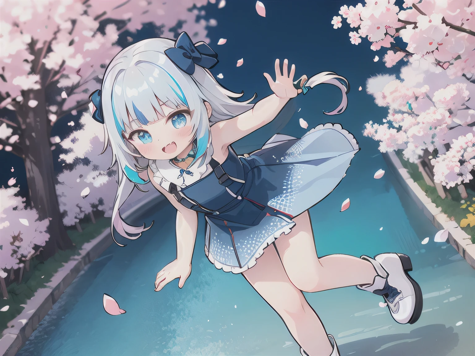 (full-body shot, Upward camera angle, 4k, Super detailed, high quality), Petals fall, Cherry blossoms on both sides of the path, 1 girl, side hair bow, Blue and white ta style, blue hair, blue eyes, blush when smiling,Showing fangs, flowing hair, Light blue and white patterned dress, Lift the skirt in front of your legs with both hands, Small fish-shaped accessories hanging on the body