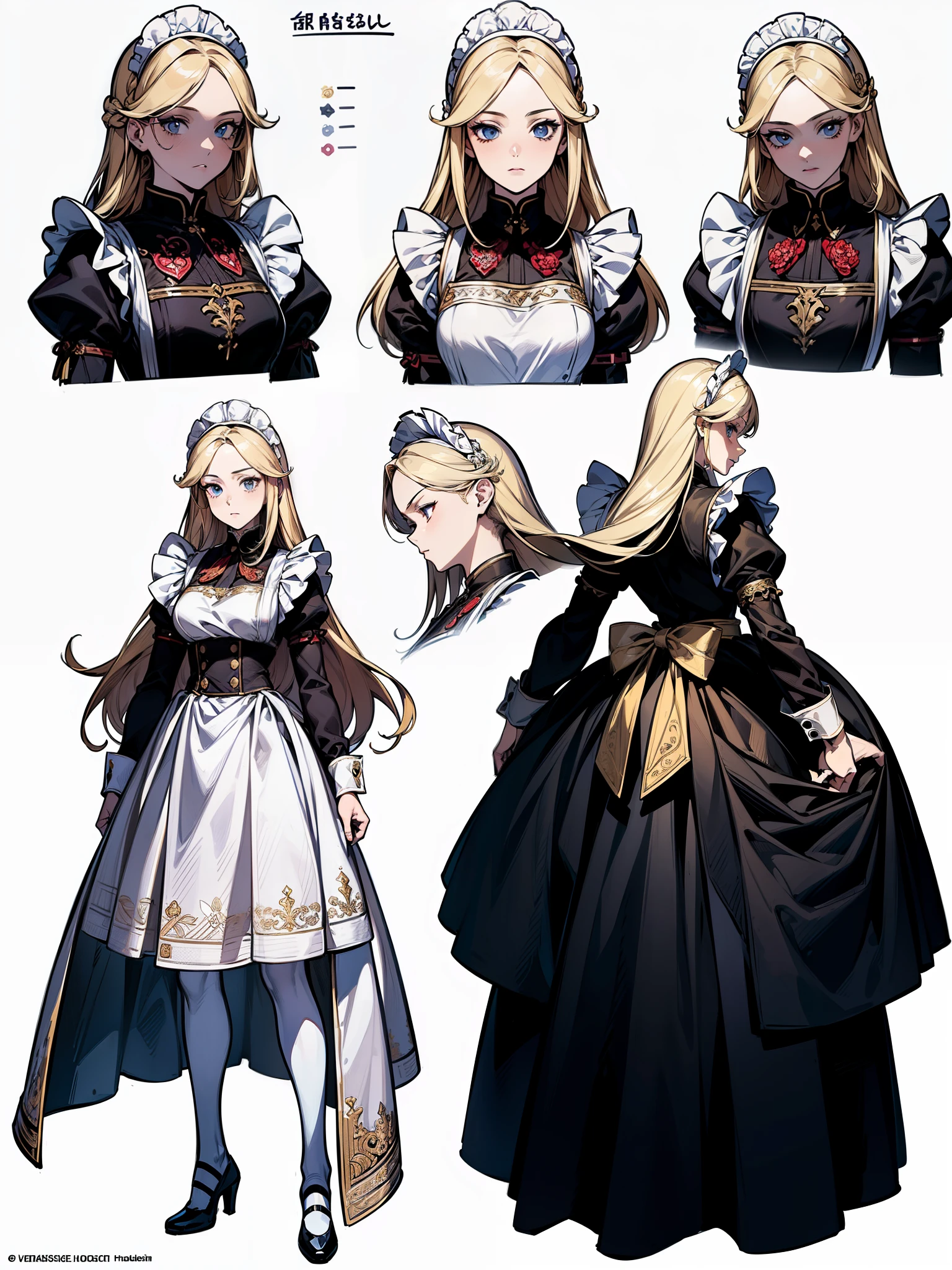 ((masterpiece)),(((best quality))),(character design sheet,same characters,front,side,Back), 1 girl, alone,long blonde hair,(((White maid outfit))),Strong leadership character,,Retro art style,masterpiece,best quality,top quality,super high , concept art, character concept art, character sketch, Reference table, character table, ( Background, white Background: 1.3)