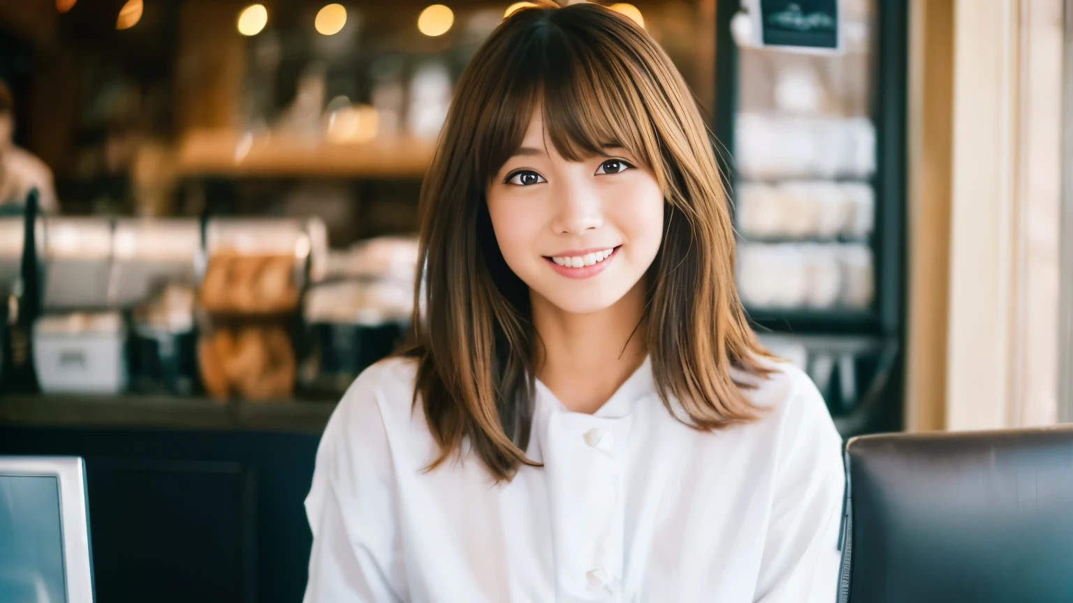 ((最high quality, 8k, masterpiece: 1.3)), perfect face,Inside a stylish cafe in New York、A scene in which a beautiful model-like woman with big breasts is drinking a latte and studying on a laptop.,everything around you, I can see other customers enjoying themselves too...。At the back of the cafe、Staff are busy working at the counter.、Feel the vibrancy and warmth of a city cafe.., sharp focus, 1 girl, sexy 1.2, brown hair, With bangs, (layered short hair), (big: 1.5), fine eyes, Beautiful eyes with slit length, double eyelid, (cat face), (cute Face), cute Smile, (close your mouth), (cute), soft skin, show the whole body, surreal, Super detailed, high quality, (カフェで勉強するショートヘアでbrown hairの美しい女子大生), ((詳細な非常にcute女子大生), ((big胸 It can be seen even through clothes)),Staring at my boyfriend