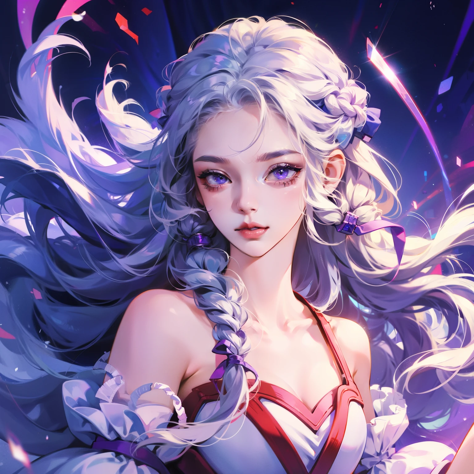 1 girl,high resolution, high quality, masterpiece, mxmk white dress, bare shoulders, purple eyes, white dress, braid