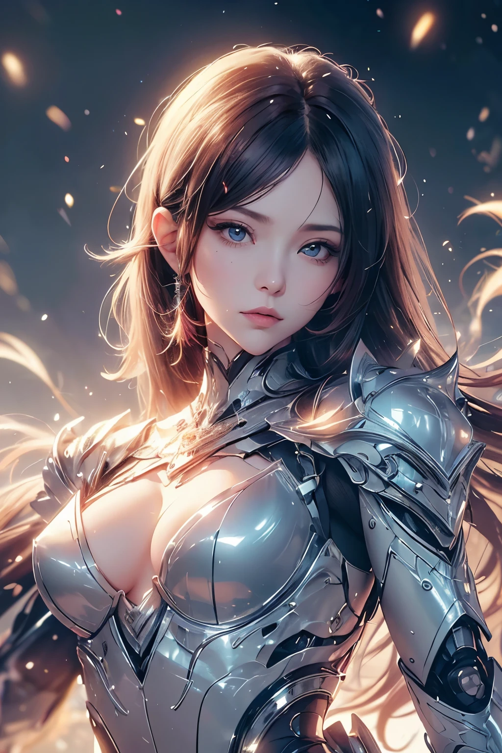 (((masutepiece))), (((Best Quality))), ((Ultra-detailed)), (extremely detailed photo), ((extremely delicate and beautiful)),(Cute delicate face),here is a digital art of a very futuristic looking female that has armor and weapons, 1girl, weapon, solo, science fiction, holding, holding weapon, robot,beautiful face and eye, double eyelid,delicate skin,slender body shape