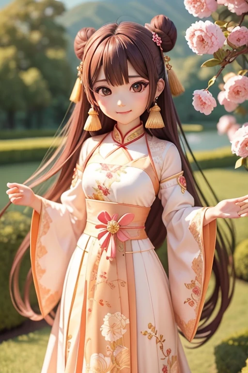 girlと一緒に, a bit、amber, , pastel silk pink medium dress, luxury fabric、漢服ドレス girlが着る服とは?、Traditional Chinese characters、Features a luxurious design and color。the dress is normal、Designed to cover your body、Features long sleeves and ornate decorations.。 hairstyle: girl&#39;hair、伝統的な中国hair型にアレンジされているかもしれません。It is commonly decorated with hair ornaments or hairpins.。Bun or long hair（Benpatsu）styles such as。 ornaments: 漢服の服を着たgirl、ornamentsを身につけることがあります。This too、necklace、earrings、手首や足首のornamentsなどが含まれる場合があります。これらのornamentsは、It is generally chosen to match the design and color of the dress.。.。 facial expressions and poses: girlの表情やThe pose is、You can be calm and classy。Does she have a confident smile??、or、She may be smiling like a woman..。The pose is、A design that brings out her elegance and elegance。 background: 絵のbackgroundには、May depict traditional Chinese landscapes and architecture.。for example、garden、temple、or mountains々may be drawn。this is、Helps add Chinese culture and atmosphere to the overall picture。 long hair、long dress、super beautiful、超delicate、super masterpiece、Big eyes、The finest dresses、brown hair、amber, , medium pastel violet white, luxury fabric, dithering, extensive,viewer lucky brown,in a dress、、There are no protrusions on the head、頭部hairの毛部分に突起はありません., long hair、long dress、super beautiful、超delicate、super masterpiece、Big eyes、delicate、super beautiful、Hanfu Pink、超delicate、