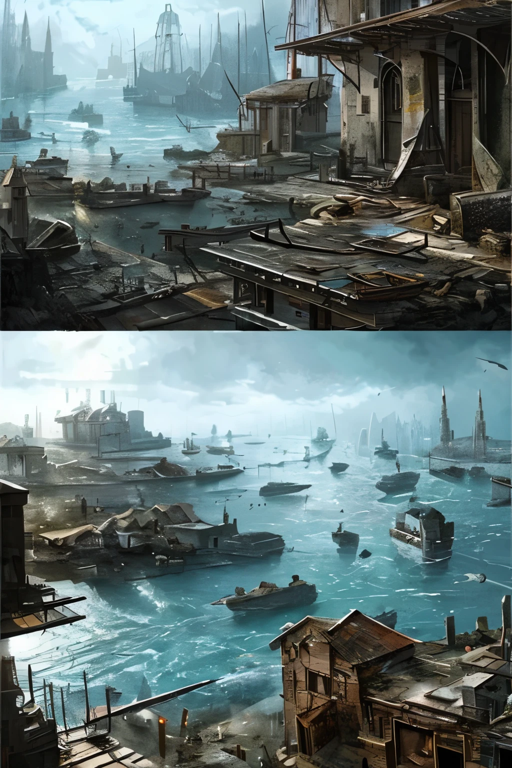 Realistic scenery, hyper detailed, post apocalyptic, mostly covered by water, an artificial island, detailed, super quality, high quality, full of buildings, destroyed buildings, finished, more darkness, dark scenario, post apocalypse, fog, darker, without many trees
