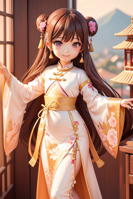 girlと一緒に, a bit、amber, , pastel silk pink medium dress, luxury fabric、漢服ドレス girlが着る服とは?、Traditional Chinese characters、Features a luxurious design and color。the dress is normal、Designed to cover your body、Features long sleeves and ornate decorations.。 hairstyle: girl'hair、伝統的な中国hair型にアレンジされているかもしれません。It is commonly decorated with hair ornaments or hairpins.。Bun or long hair(Benpatsu)styles such as。 ornaments: 漢服の服を着たgirl、ornamentsを身につけることがあります。This too、necklace、earrings、手首や足首のornamentsなどが含まれる場合があります。これらのornamentsは、It is generally chosen to match the design and color of the dress.。.。 facial expressions and poses: girlの表情やThe pose is、You can be calm and classy。Does she have a confident smile??、or、She may be smiling like a woman..。The pose is、A design that brings out her elegance and elegance。 background: 絵のbackgroundには、May depict traditional Chinese landscapes and architecture.。for example、garden、temple、or mountains々may be drawn。this is、Helps add Chinese culture and atmosphere to the overall picture。 long hair、long dress、super beautiful、超delicate、super masterpiece、Big eyes、The finest dresses、brown hair、amber, , medium pastel violet white, luxury fabric, dithering, extensive,viewer lucky brown,in a dress、、There are no protrusions on the head、頭部hairの毛部分に突起はありません., long hair、long dress、super beautiful、超delicate、super masterpiece、Big eyes、delicate、super beautiful、Hanfu Pink、超delicate、