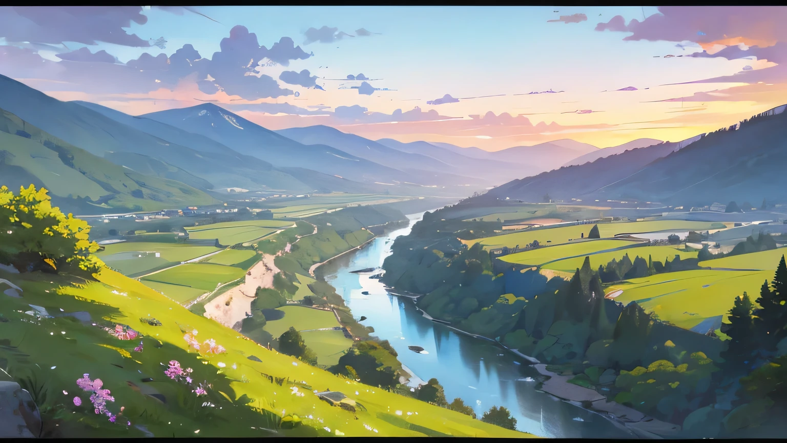 Illustration of a river flowing through a valley, Beautiful background of high forests and big mountains, grass, small flowering shrub, rocky coast, Birds in the Sky, Birds in the Sky, Scenery from the riverside, detailed landscape, HD picture quality, Highly detailed watercolor painting, sunset time, Sky with sunset
