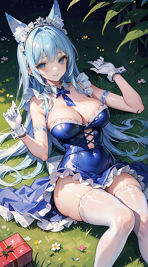 high quality, masterpiece, Super detailed, 1 girl, Extremely detailed faces, Christmas blue lace latex maid outfit,white gloves,White Christmas stockings,Maid tiara,BDSM,handcuffs,collar,calm expression,Smile,handcuffs,collar,long blue hair, charming pink eyes, fox ears, Ridiculously big, shiny skin, lying on the grass,waterside,castle
