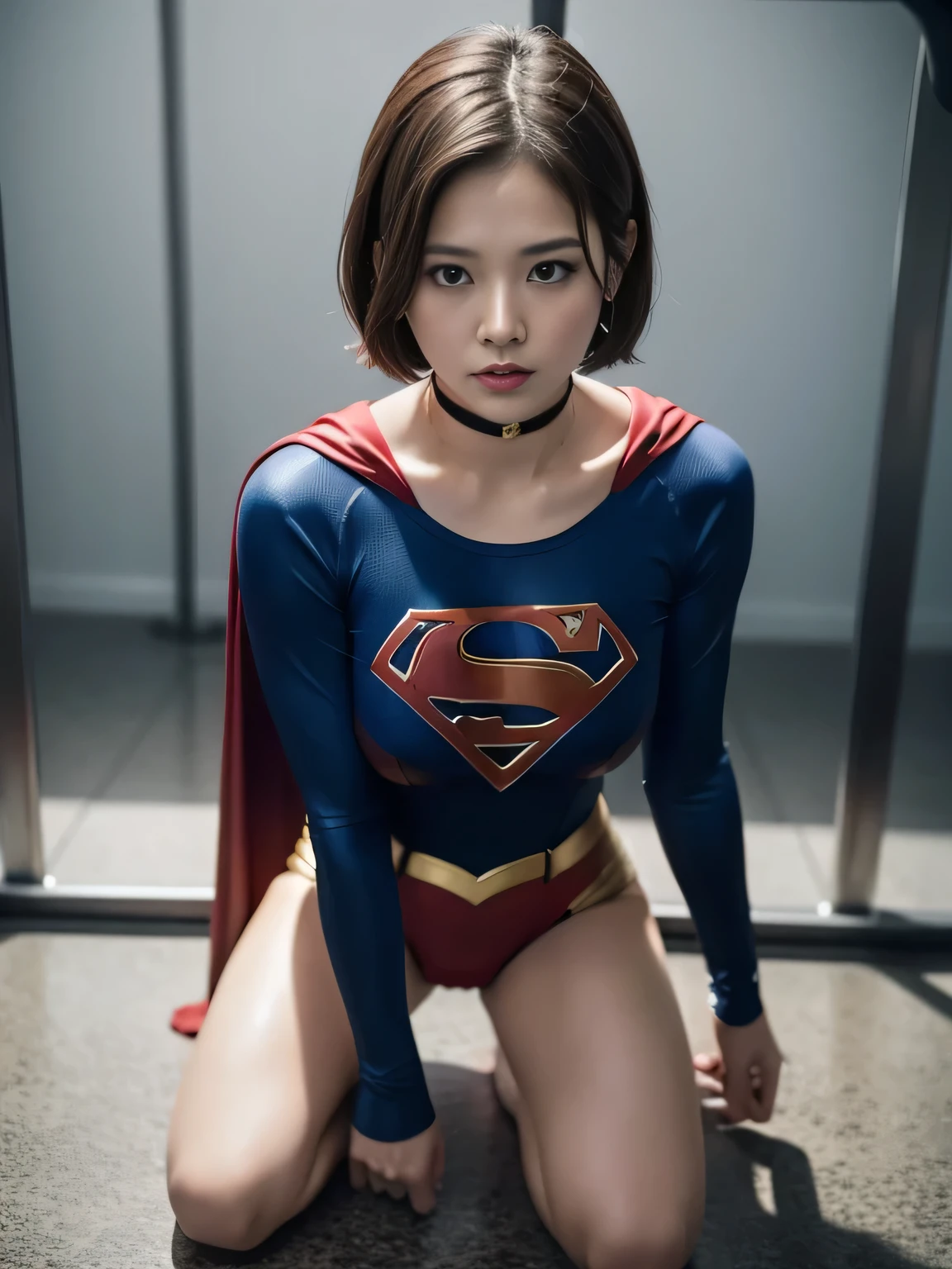 masterpiece、supergirl costume、short hair、barefoot、big and full breasts、Crisis situation、Complete surrender、prison、in a cage、sense of abuse、kneel down、sweaty、shiny、looking at camera、Seduce、choker、long sleeve、red sexy pose、POW camps、humiliating、