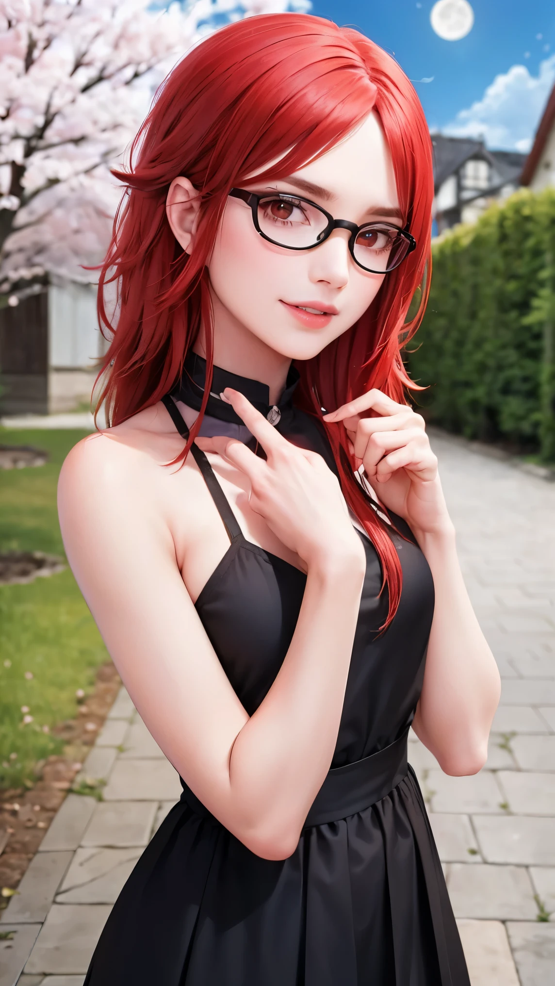 (Meisterwerk, Better quality: 1.2), Cowboy-Schuss, Allein, 1girl, karin uzumaki, long red hair, beautiful red eyes, glasses, Smile, Ich schaue mir den Versand an, Arms explain a topic, Symbol der Astrologie, Hair tubes, In sleeveless, nackten Schultern, Astrologe, night, moon shine, cherry blossom, romantic 