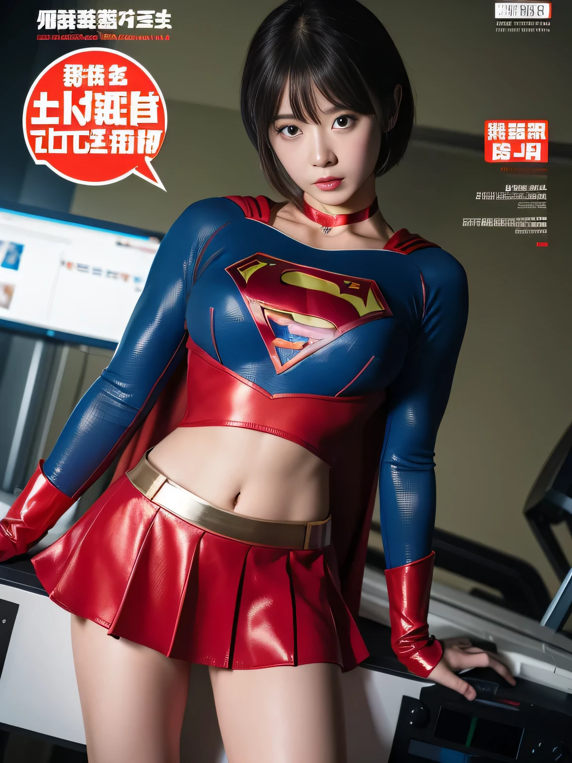 masterpiece、supergirl costume、short hair、barefoot、big and full breasts、Crisis situation、operating room、operating table、straddle、Sweat、shiny、look at the camera、provoke、Estrus、choker、Weekly magazine cover、long sleeve、red mini skirt、obscene pose、Seduce、