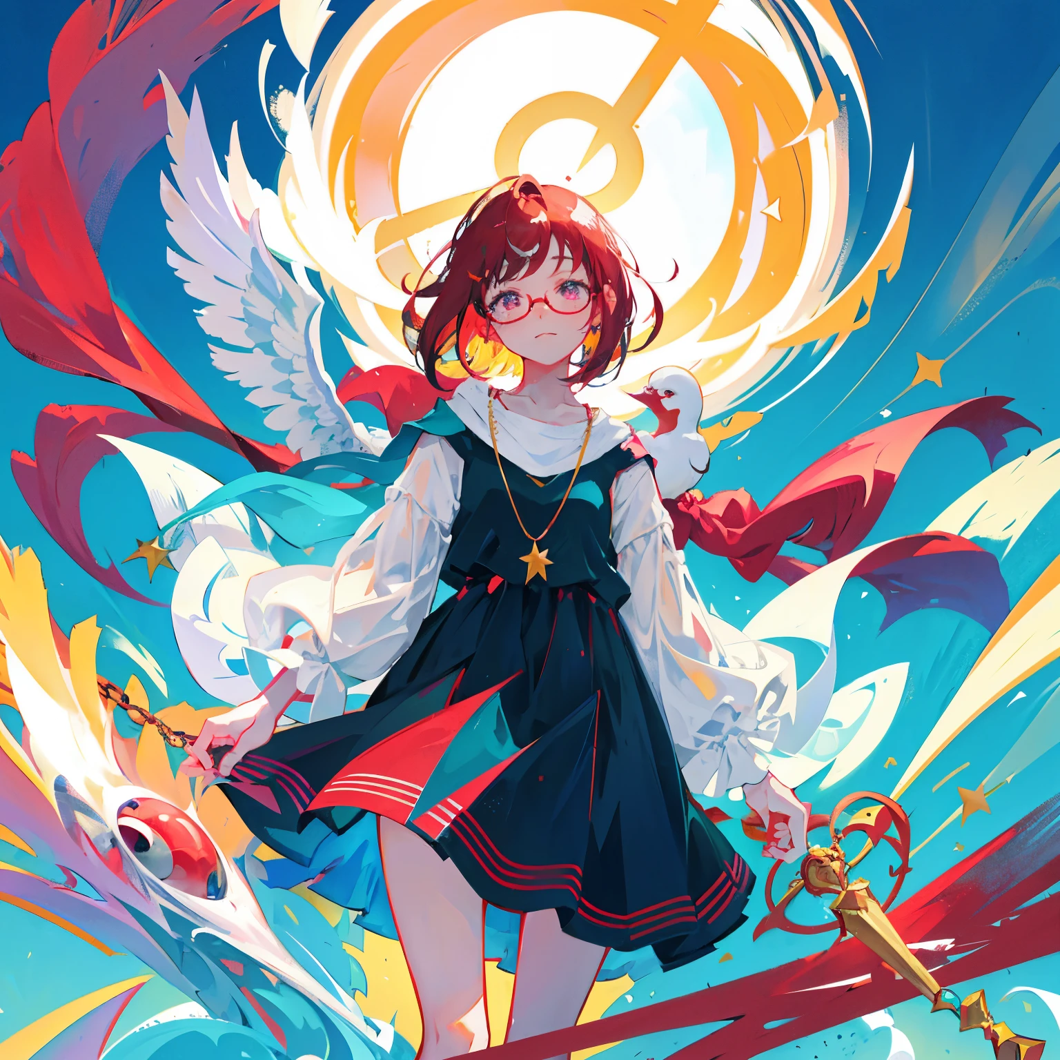 In the tranquil ambiance of a serene scene, a teenage girl with short, maroon hair and red-framed glasses is depicted. She exudes an aura of gentle sophistication, her expression thoughtful and pensive. A white dove, an emblem of peace and purity, alights gently beside her. The dove holds in its beak a delicate necklace adorned with a brilliant star pendant, which catches the sunlight and casts a radiant glow on the girl's face. The vivid colors of the scene are harmoniously balanced, with warm tones of maroon, white, and red blending seamlessly with the cool blue and silver hues of the dove and the star