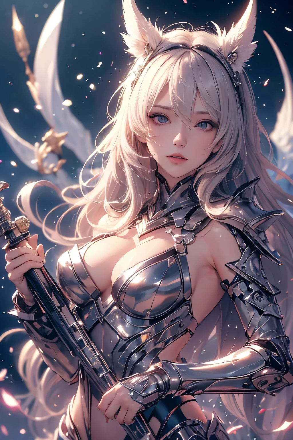 (((masutepiece))), (((Best Quality))), ((Ultra-detailed)), (extremely detailed photo), ((extremely delicate and beautiful)),(Cute delicate face),here is a digital art of a very futuristic looking female that has armor and weapons, 1girl, weapon, solo, science fiction, holding, holding weapon, robot,beautiful face and eye, double eyelid,delicate skin,slender body shape