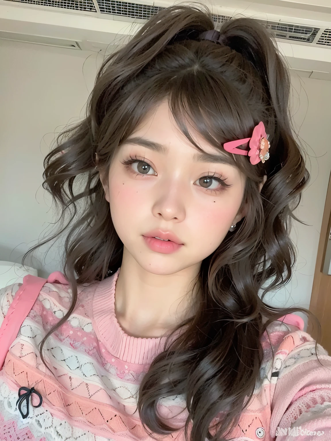 Araffe girl with a pink bow and a pink sweater., ulzzang, Retrato realista kawaii, Linda chica kawaii, Peinado kawaii, Linda cara de anime natural, brown hair and big eyes, Peinado kawaii, Hermosa Delfina, small heart shaped face., sakimichan, Joven y adorable rostro coreano, Chica de anime en la vida real, maquillaje popular de Corea del Sur