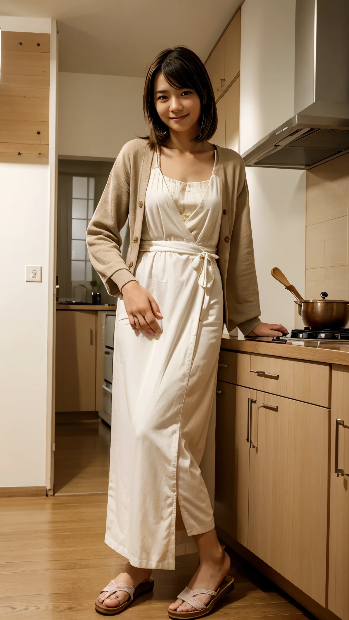 A 17 years old Japanese boy crossdressing as a middle age woman wearing a long dress, cardigan, and woman's sandals standing femininely in the kitchen with cute shy expression, he is facing to the camera.