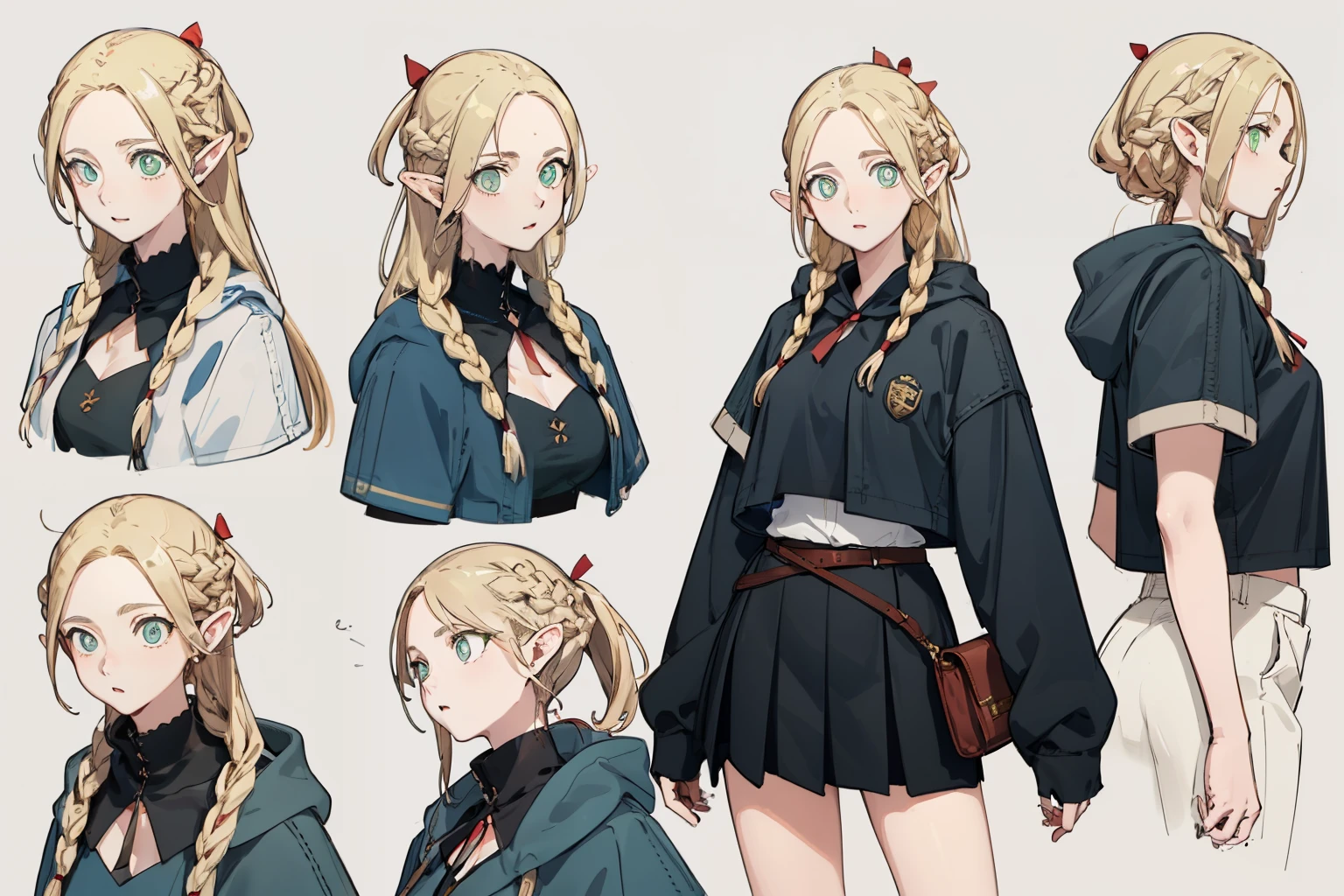 Uniforms,,black skirt,white top,fashionable leather shoes, pop color,(character design sheet,front,back,side,same characters),The background is ,long blonde hair,,Thick eyebrows, bust and waist,beautiful blonde,(masterpiece),((highest quality)),(Super detailed),younger sister,(beautiful eyes beautiful details eyes,clean and delicate face,five fingers,Textile shades,anatomical perfection