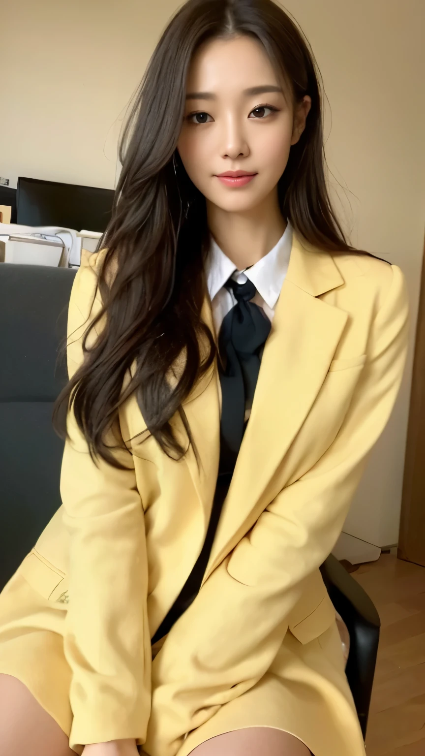 ((top-quality、8k、masterpiece:1.3))、Beautiful woman with perfect body:1.4、slim abdomen:1.2、Longhair, normal breast, Highly detailed facial and skin texture, A detailed eye, delicate eyes, double eyelid, (smile), (full body shot), ((office)), (sitting on chair), ((wearing white uniform with yellow coat)), looking in front