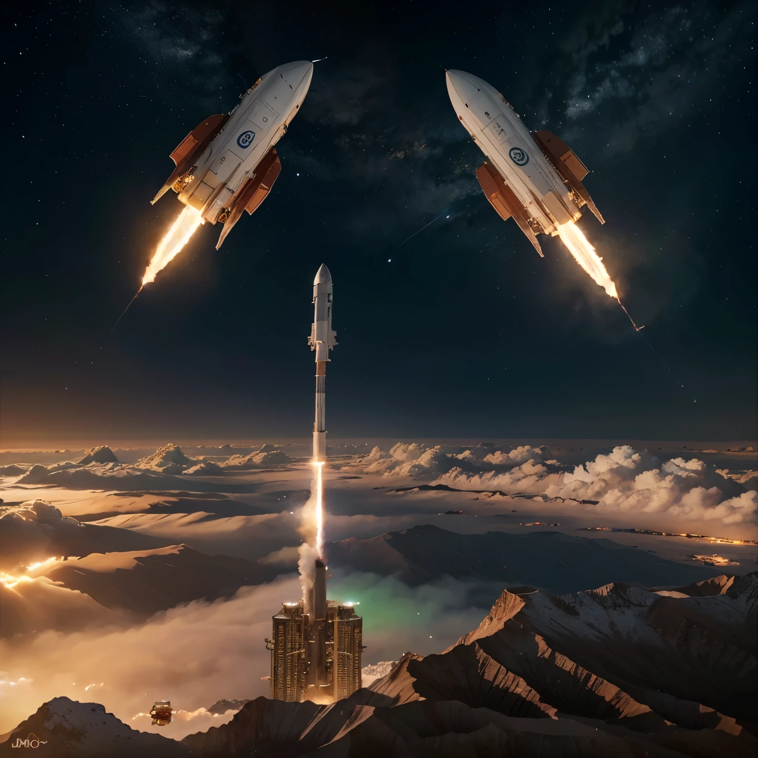 Create an image of a rocket labeled "$MODI" soaring through a dynamic and colorful crypto-themed sky. Include elements like crypto symbols and a global map to emphasize the coin's global potential.