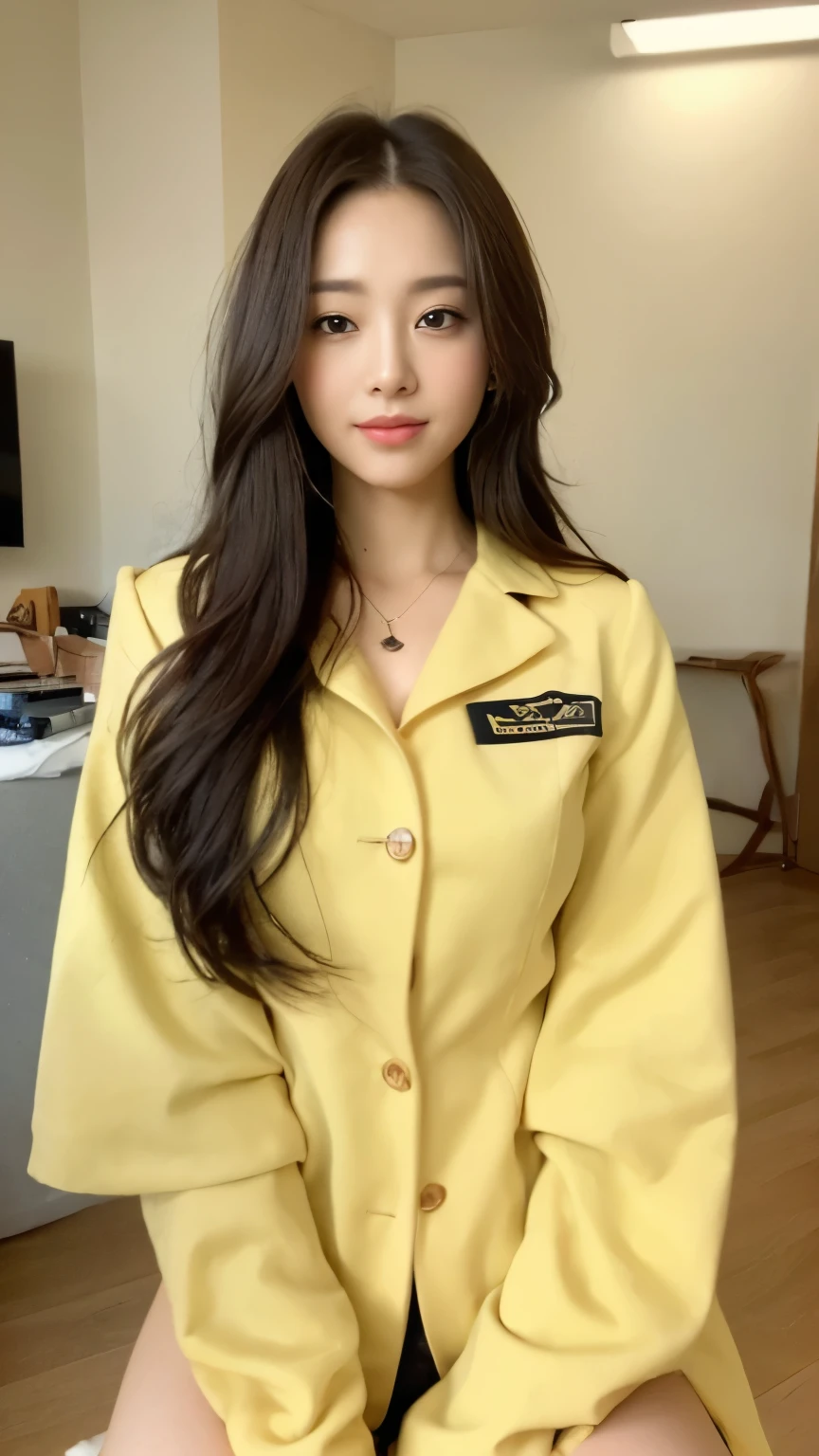 ((top-quality、8k、masterpiece:1.3))、Beautiful woman with perfect body:1.4、slim abdomen:1.2、Longhair, normal breast, Highly detailed facial and skin texture, A detailed eye, delicate eyes, double eyelid, (smile), (full body shot), ((office)), (sitting on chair), ((wearing white uniform with yellow coat)), looking in front