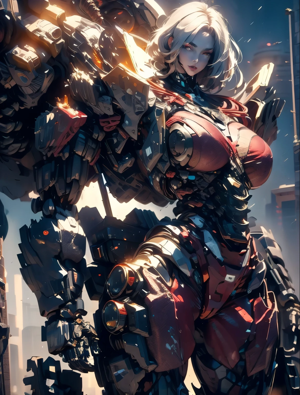 masterpiece，（best quality）Giant Cyberpunk Female Mechanical Titan，Breasts equipped with giant exoskeleton mechanical structural modules，Ruins of dilapidated underground city on cloudy day and night，end of the world