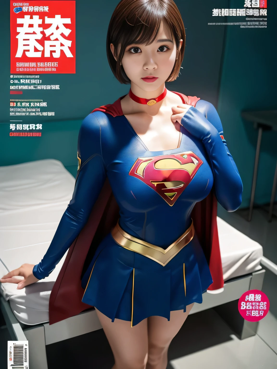 masterpiece、supergirl costume、short hair、barefoot、big and full breasts、Crisis situation、operating room、operating table、straddle、Sweat、shiny、look at the camera、provoke、Estrus、choker、Weekly magazine cover、long sleeve、red mini skirt、obscene pose、Seduce、