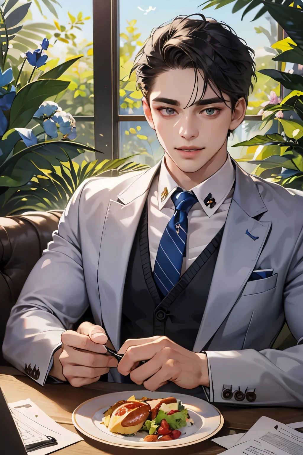 (table top, digital art, digital illustration, 4k, 8k, super detailed, beautiful images, clear image, realistic, RAW photo, perfect face, perfect lines, perfect eyes, soft lighting) ,1 female, (long black hair,straight hair,bullish look,beautiful woman,grace,Make up well,23 is a novel,:1.3),Two handsome men in suits, (human,muscular,solid shoulder width, mens,boyish hairstyle,british gentleman's style,A man in his 30s with a cool expression,28 year old man with a bright smile:1.2),Show your white teeth and smile(embarrassing,shy smile:1.1),garden full of light、squirt、resort sofa、colorful flowers、innocent smile,smile、couple kissing、kiss、the kiss、romance、dinner、drink alcohol、drunk