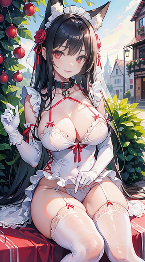 high quality, masterpiece, Super detailed, 1 girl, Extremely detailed faces, Christmas white lace latex bikini,white gloves,White Christmas stockings,red lantern,red christmas carpet,Maid tiara,BDSM,handcuffs,collar,calm expression,Smile,handcuffs,collar,long black hair, charming pink eyes, fox ears, Ridiculously big, shiny skin, Outdoor activities, garden, medieval western town,