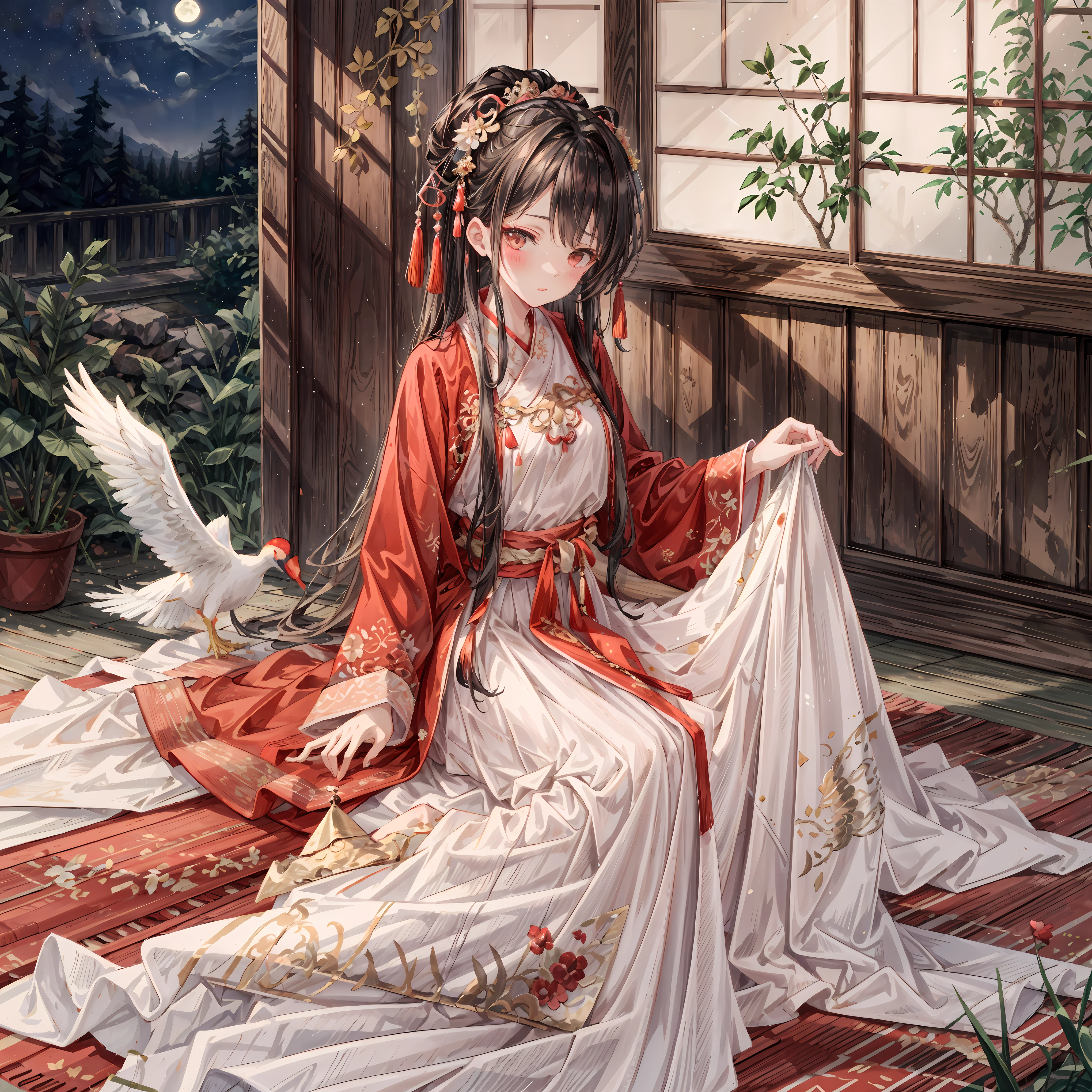 (Ridiculous, super detailed), (1 girl: 1.3), (alone, Hand Painted, Simple lines, 16-year-old girl wears red Hanfu, lying in bed barefoot, indoors, moonlight, night, red nose, leave, high resolution, masterpiece), in the moonlight bedroom, There is a 16 year old girl wearing (Big red Hanfu with red brocade weft brocade large-sleeved shirt, Embroidered mandarin duck、pomegranate pattern, Fastened to the chest with a collar button inlaid with red gemstones and quartz), Wearing a skirt embroidered with hundreds of blessings, The long skirt reaches three feet to the ground, Edges rolled into filament trim, Studded with colorful beads, Pythons make a rustling sound when paddling, Flowing red dress and red tulle veil, The soft moonlight outside the window reflects the room, Dim lighting creates a peaceful atmosphere, Her face is painted with blush powder, Add a touch of innocence and charm. Her clothing is beautifully Hand Painted, Showcasing traditional clothing with intricate details. Simple and elegant lines capture the essence of Hanfu style. that girl (barefoot) Exudes a feeling of comfort and relaxation. This artwork was created with incredible resolution and attention to detail, Make every stroke and every fine line clearly visible. The work is a masterpiece that embodies the creator's skills and artistry. This point of view is from a girl’s perspective; Her point of view is to immerse the audience in her world. This prompt is intended to generate (Super detailed, high resolution images) In a traditional Chinese style setting, capturing the beauty and tranquility of a moonlit night.