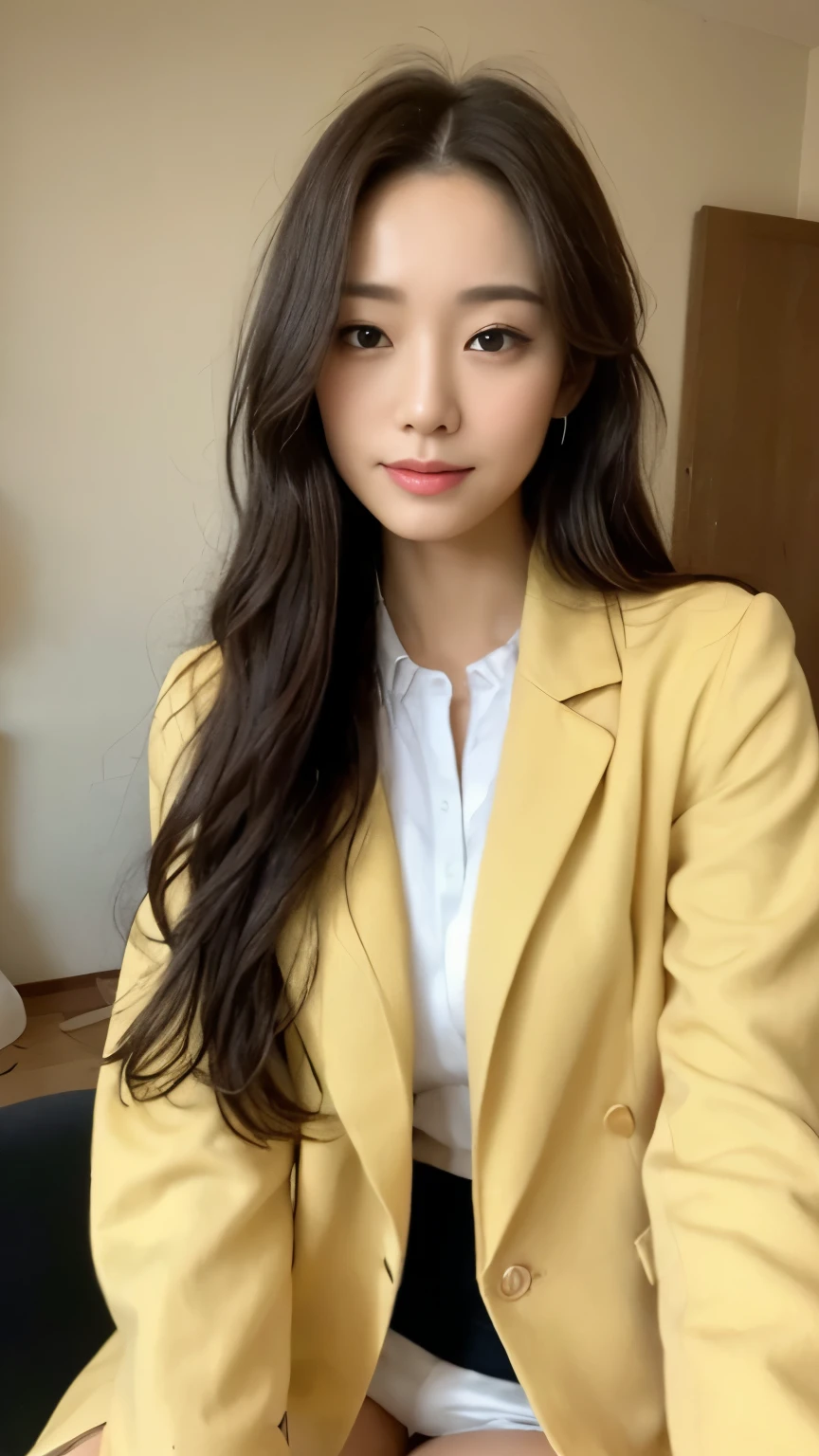((top-quality、8k、masterpiece:1.3))、Beautiful woman with perfect body:1.4、slim abdomen:1.2、Longhair, normal breast, Highly detailed facial and skin texture, A detailed eye, delicate eyes, double eyelid, (smile), (full body shot), ((office)), (sitting on chair), ((wearing white uniform with yellow coat)), looking in front