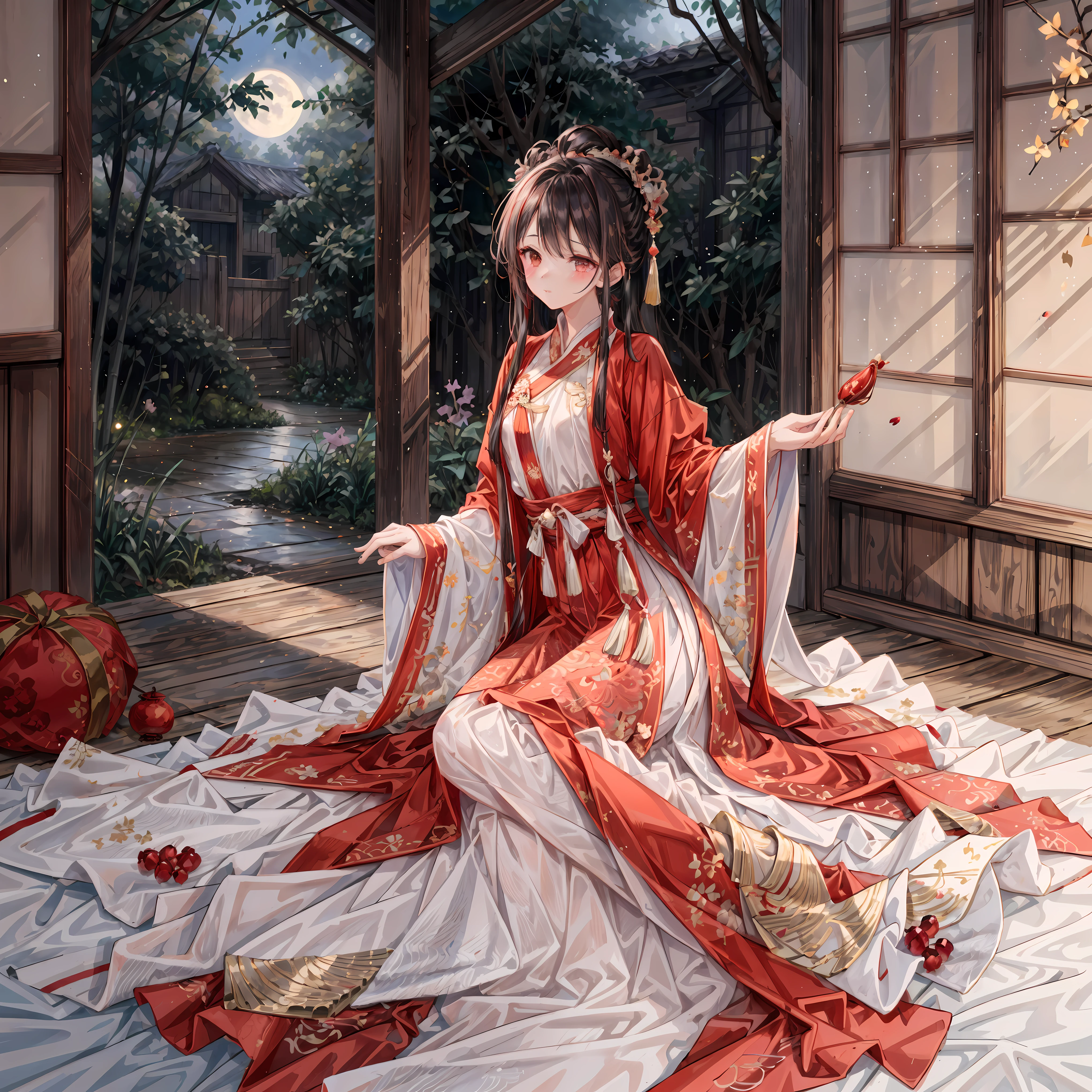 (Ridiculous, super detailed), (1 girl: 1.3), (alone, Hand Painted, Simple lines, **************** wears red Hanfu, lying in bed barefoot, indoors, moonlight, night, red nose, leave, high resolution, masterpiece), in the moonlight bedroom, There is a 16 year old girl wearing (Big red Hanfu with red brocade weft brocade large-sleeved shirt, Embroidered mandarin duck、pomegranate pattern, Fastened to the chest with a collar button inlaid with red gemstones and quartz), Wearing a skirt embroidered with hundreds of blessings, The long skirt reaches three feet to the ground, Edges rolled into filament trim, Studded with colorful beads, Pythons make a rustling sound when paddling, Flowing red dress and red tulle veil, The soft moonlight outside the window reflects the room, Dim lighting creates a peaceful atmosphere, Her face is painted with blush powder, Add a touch of innocence and charm. Her clothing is beautifully Hand Painted, Showcasing traditional clothing with intricate details. Simple and elegant lines capture the essence of Hanfu style. that girl (barefoot) Exudes a feeling of comfort and relaxation. This artwork was created with incredible resolution and attention to detail, Make every stroke and every fine line clearly visible. The work is a masterpiece that embodies the creator's skills and artistry. This point of view is from a girl’s perspective; Her point of view is to immerse the audience in her world. This prompt is intended to generate (Super detailed, high resolution images) In a traditional Chinese style setting, capturing the beauty and tranquility of a moonlit night.