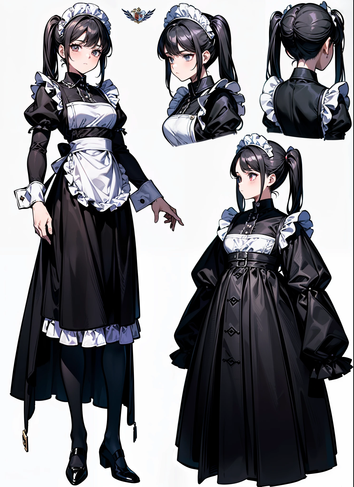 ((masterpiece)),(((best quality))),(character design sheet,same characters,front,side,Back), 1 girl, alone,high twintails,long black hair,(((White maid outfit))),Strong leadership character,,Retro art style,masterpiece,best quality,top quality,super high , concept art, character concept art, character sketch, Reference table, character table, ( Background, white Background: 1.3)