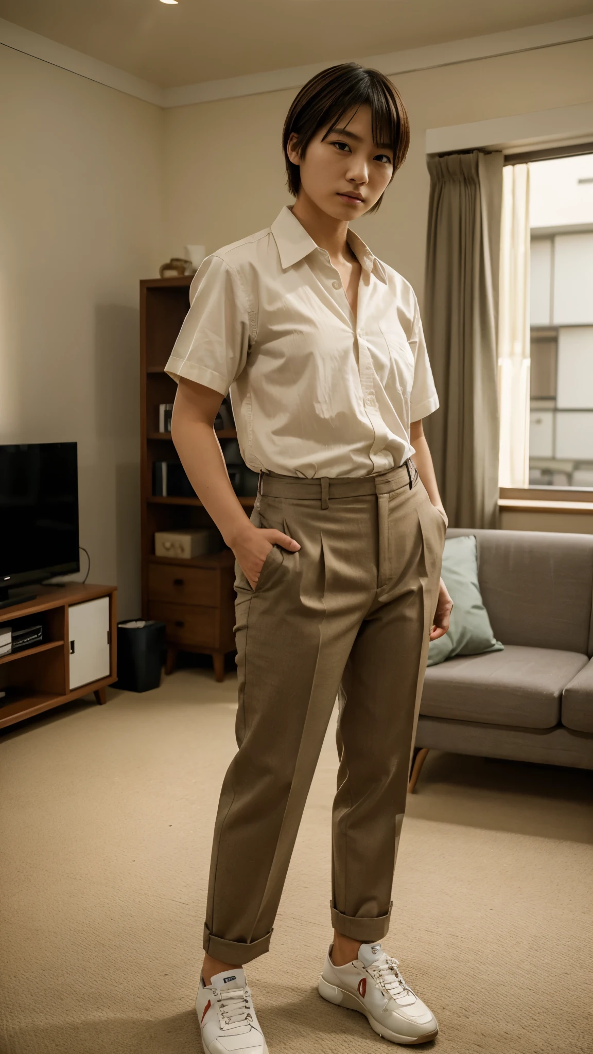 A  short haired Japanese girl crossdressing as a middle age man wear a man's suit, shirt, pants, and shoes standing masculinely in the living room with assertive expression, she is facing to the camera.