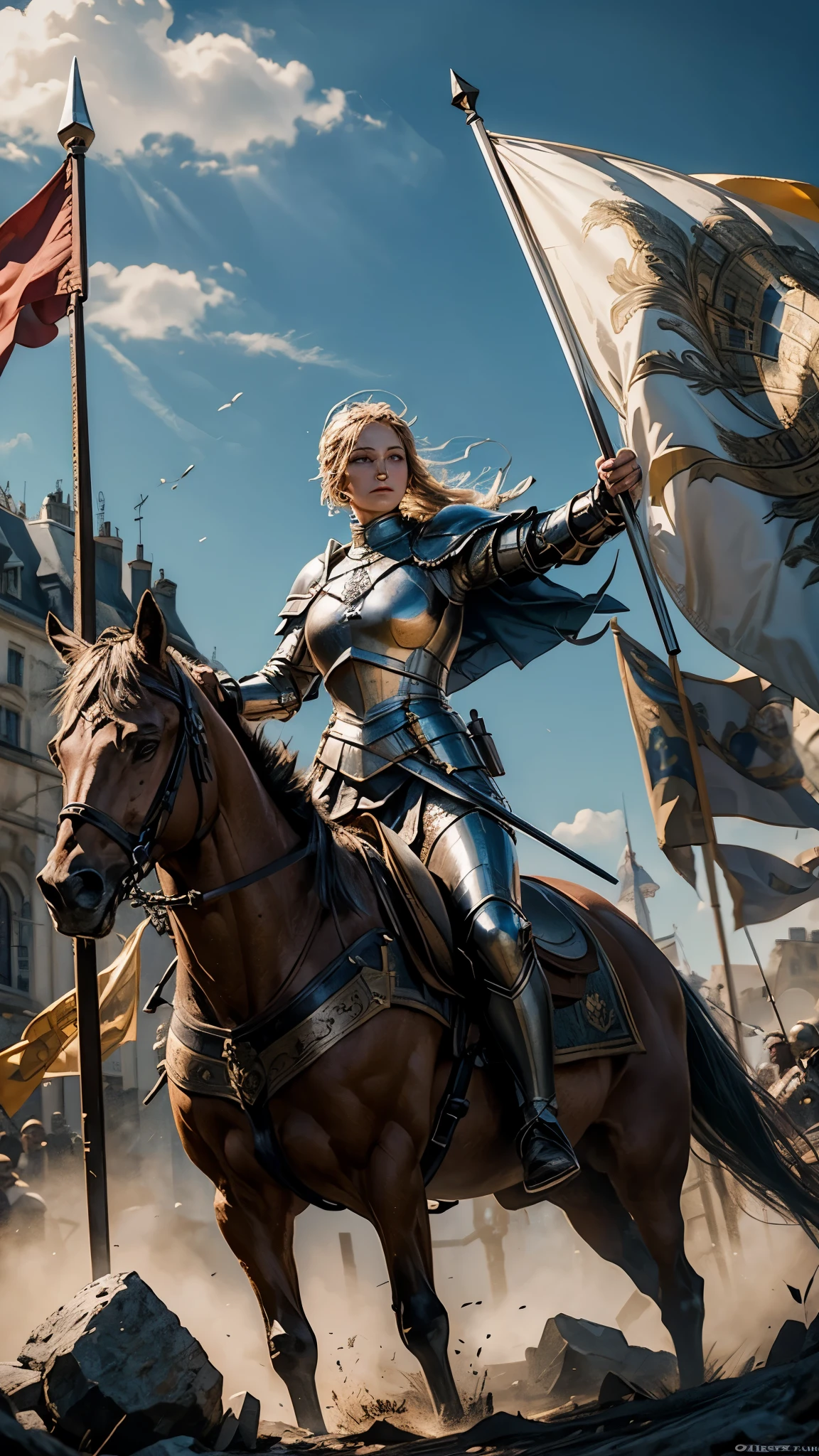 Create a photorealistic, 32K Resolution, high quality, realism, and high detail image of Joan of Arc, the legendary warrior heroine of France. Depict her in a triumphant pose, clad in armor and holding a banner aloft, with a determined expression on her face. Surround her with scenes of battle or French heraldry to emphasize her role as a national symbol of resistance and valor. Utilize dynamic lighting and composition to convey the strength and courage that defined Joan of Arc's legacy as a war hero.