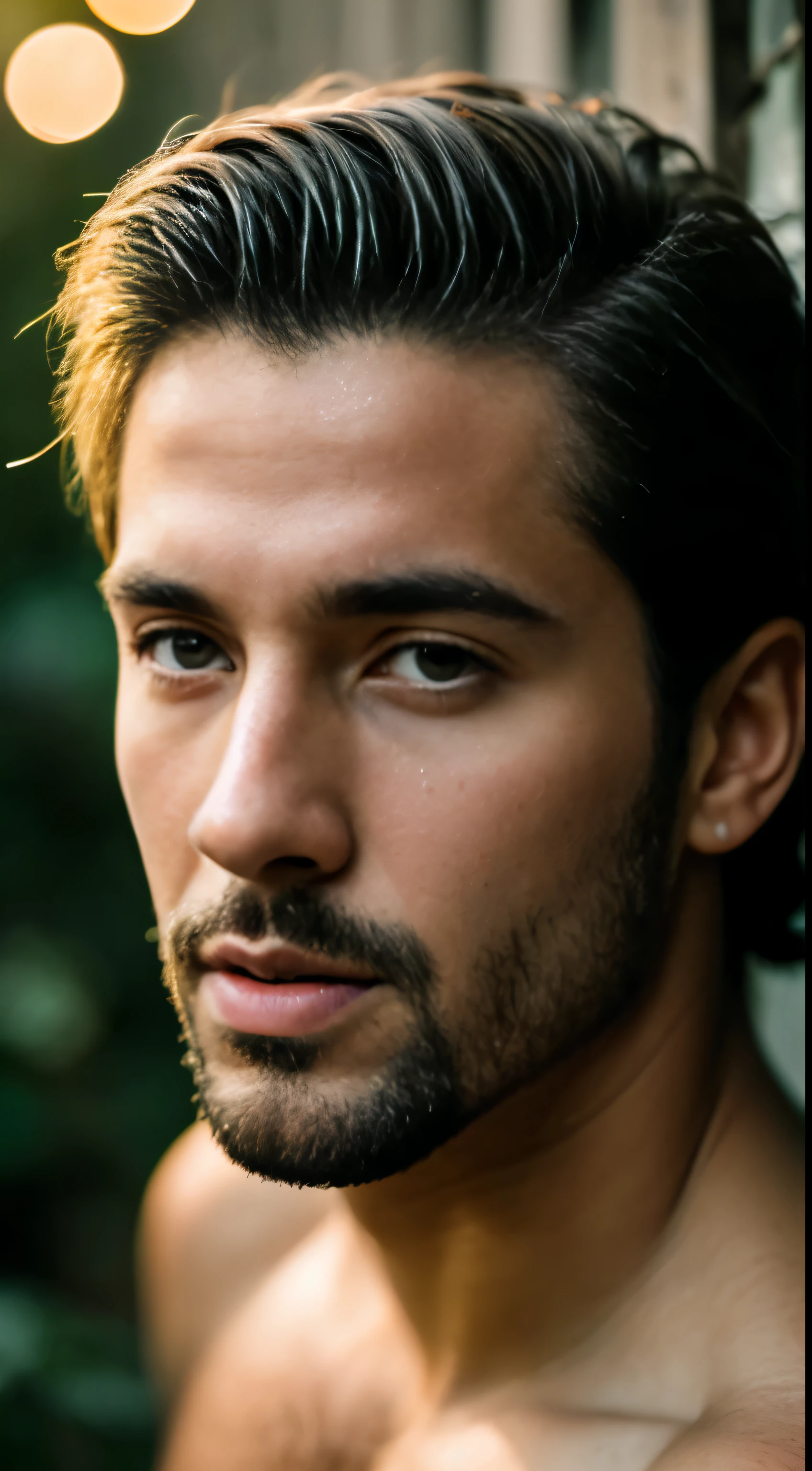Obra maestra, 25 year old strong man (Night among fireflies), (Alto detalle: 1 1), rough face, piel natural, alta calidad, NSFW, hermosos ojos verdes, (rostro y ojos detallados), (rostro: 1 2), ruido, extra, Foto real, PSD, lamp film photography, sharp focus, contrast lighting, Piel detallada, 8K high resolution, detalle loco, realista, professional photography, 8k UHD, reflex camera, soft lighting, alta calidad, grain film, Fujifilm XT3