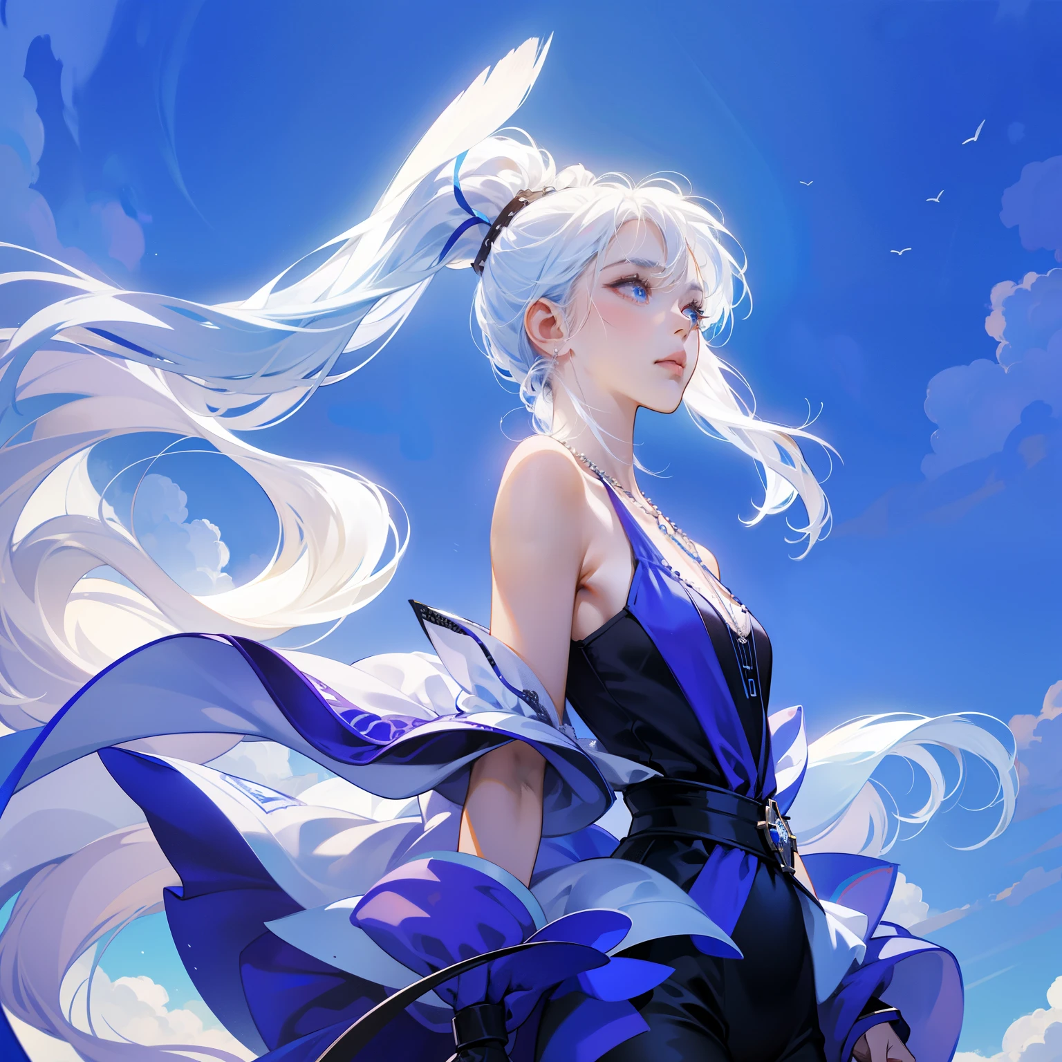 8k wallpaper，masterpiece，light，top quality，revelation，dramatic angle，（（a color：1.1）），（（Colored inner hair：1.4）），
1 girl， solo， long white hair， water， blue eyes， necklace，  white collar， ponytail， liquid hair， white hair， through bangs， through bangs， View from the side， contour， upper part of body， blue hair， sky background， bare shoulders， sportswear， looking at the audience， white dress， Colored hair， 
