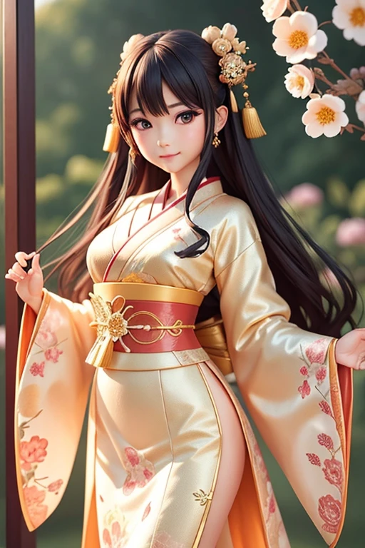Dress design: A dress based on a high-class kimono、豪華でdelicateなデザインが特徴です。Incorporating elements of traditional kimono、By adding modern arrangements and details、Create unique and gorgeous dresses。for example、Making use of the patterns and colors of the kimono、You can consider adding modern transitions and decorations.。 accessories and hair ornaments: Accessories and hair ornaments that match the dress are also important.。For kimono-based dresses、By incorporating Japanese-style accessories and traditional hair ornaments,、You can add a unique atmosphere and style to your pictures.。Gold and silver ornamentotifs such as flowers and birds are often used。 facial expressions and poses: The girl's expression and pose、It is an important element that expresses her elegance and elegance.。Does she have a confident smile?、Or while thinking about how you are striking a graceful pose.、Let's devise expressions that match the atmosphere and story of the picture.。 background: 絵のbackgroundには、It is important to incorporate elements that create a luxurious atmosphere and formality.。for example、luxurious palaces and gardens、or a sophisticated urban landscape.。backgroundは、harmonizes with girls' dresses、Ezen long hair、long dress、super beautiful、超delicate、super masterpiece、Big eyes、delicate、super beautiful、超delicate、super classy dress、