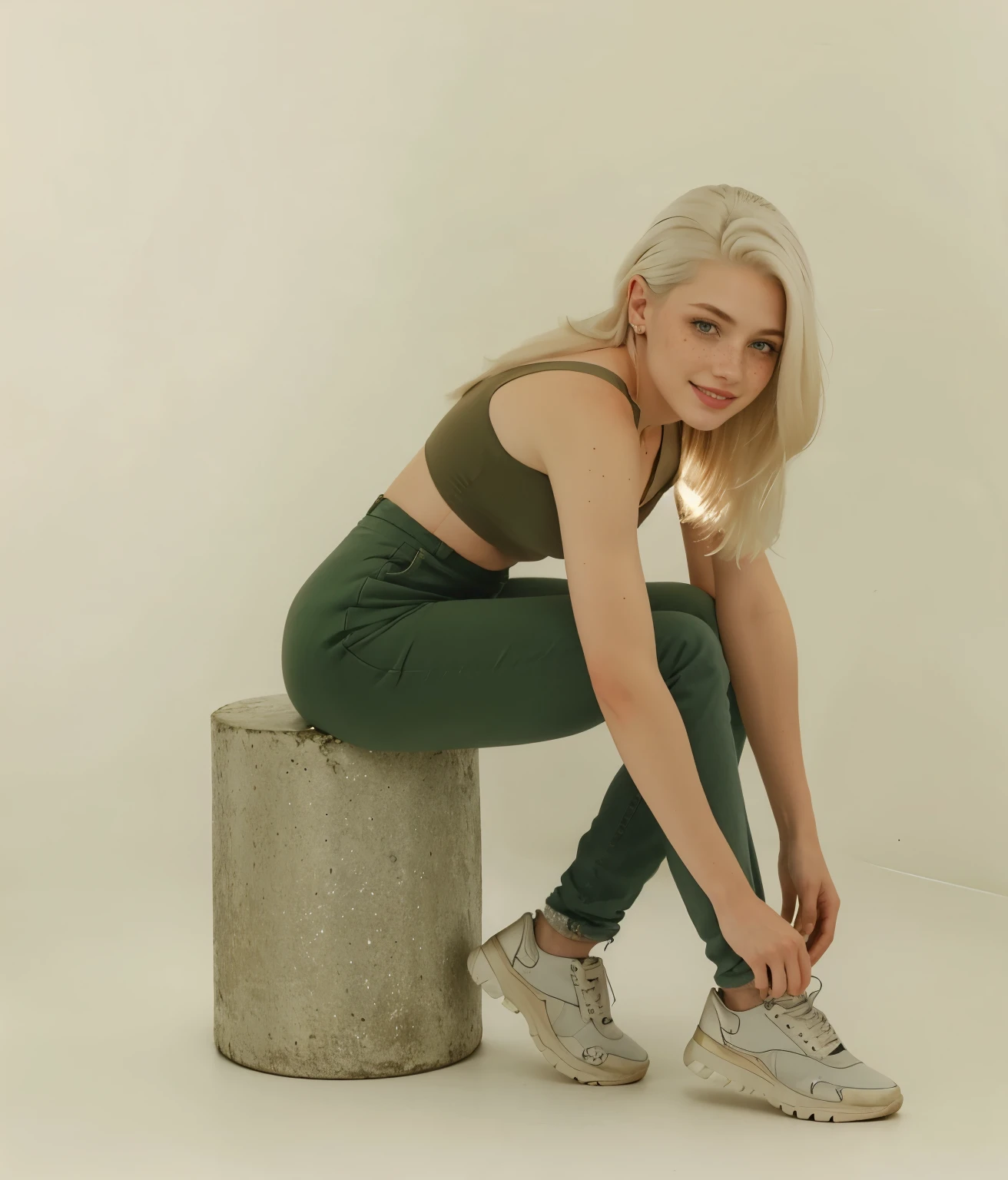 mulher, americana, 25 anos, pale skin and freckles, olhos cinzas, nariz delicado, soft and delicate lips, longo, cabelo loiro platinado ondulado na altura da cintura, sorriso meigo,