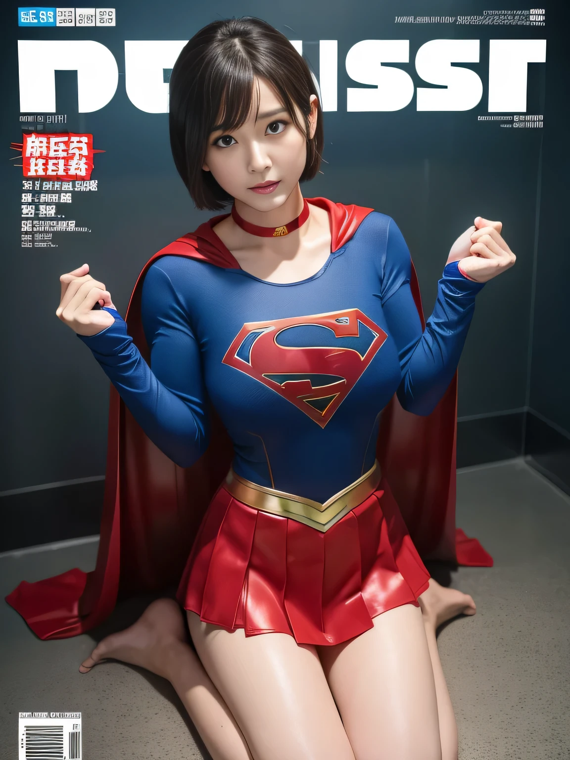 masterpiece、supergirl costume、short hair、barefoot、big and full breasts、Crisis situation、operating room、operating table、straddle、Sweat、shiny、look at the camera、provoke、Estrus、choker、Weekly magazine cover、long sleeve、red mini skirt、obscene pose、Seduce、
