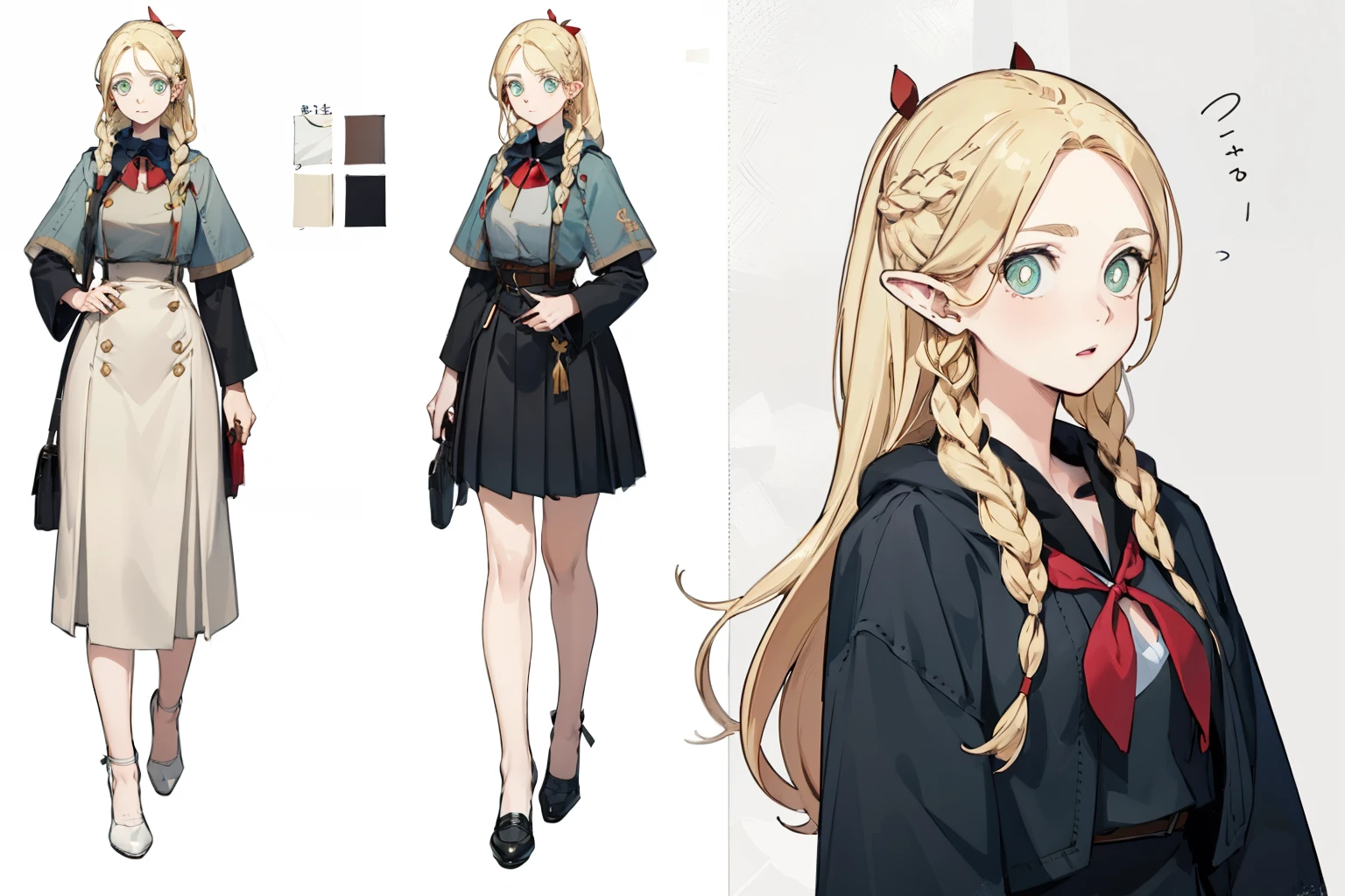 Uniforms，black skirt，white top，fashionable leather shoes， pop color，（character design sheet，front，back，side，same characters），long blonde hair，Thick eyebrows, bust and waist，beautiful blonde，（masterpiece），（（highest quality）），（Super detailed），younger sister，（beautiful eyes beautiful details eyes，clean and delicate face，five fingers，Textile shades，anatomical perfection）