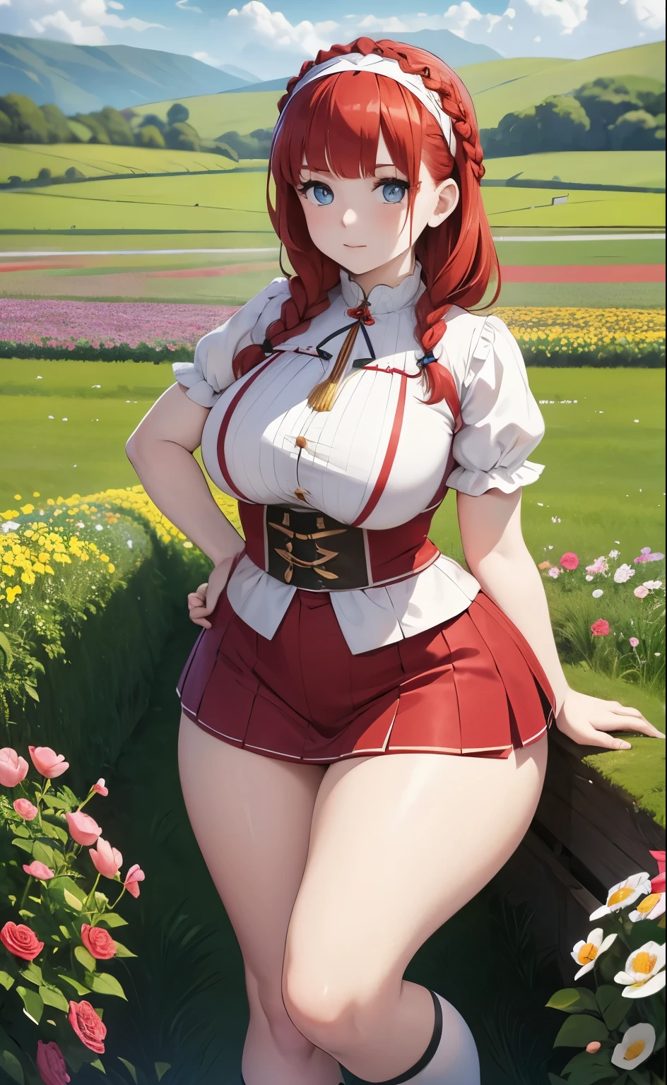 young irish girl, pale skin, Red hair, Bangs, French braid, flower headband, Celtic costumes, In a field of flowers, medium chest, droop , Thick legs, shapely legs