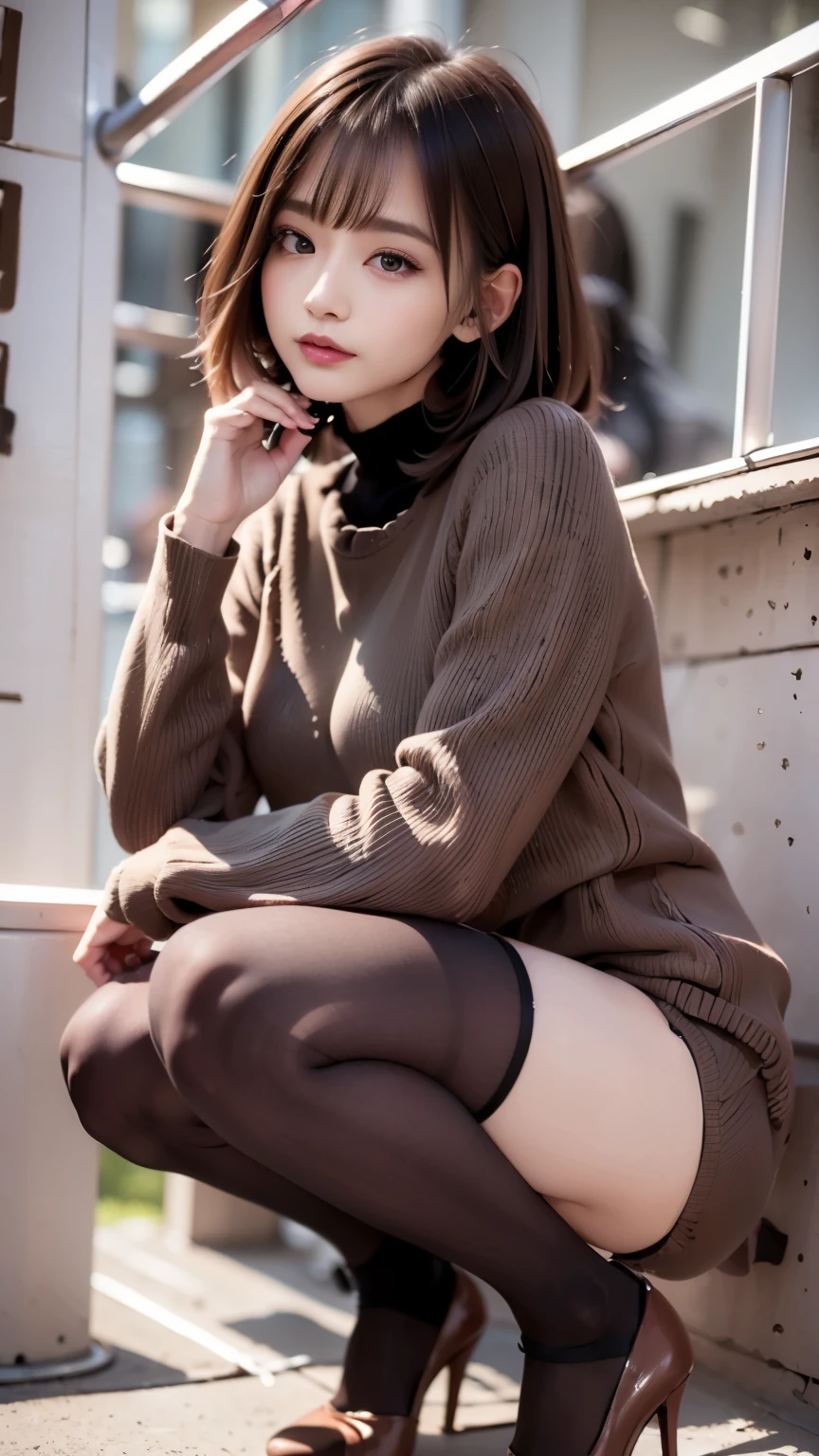 ((Thin long-sleeved knit,Not wearing panties、thighs thighs thighs thighs:1.2))、Moe Sleeve、(realisitic、Photorealsitic、ultra-detailliert、Highest Details Skins、top-quality、​masterpiece、超A high resolution)、Cute Japan Woman、18year old、younggirl、I have bangs、二重まぶた、drooing eyes、Large black eyes、Japanese style face、Cute smile、Charming、purity、Straight face、double tooth、View here、Realistic skin type、No panties