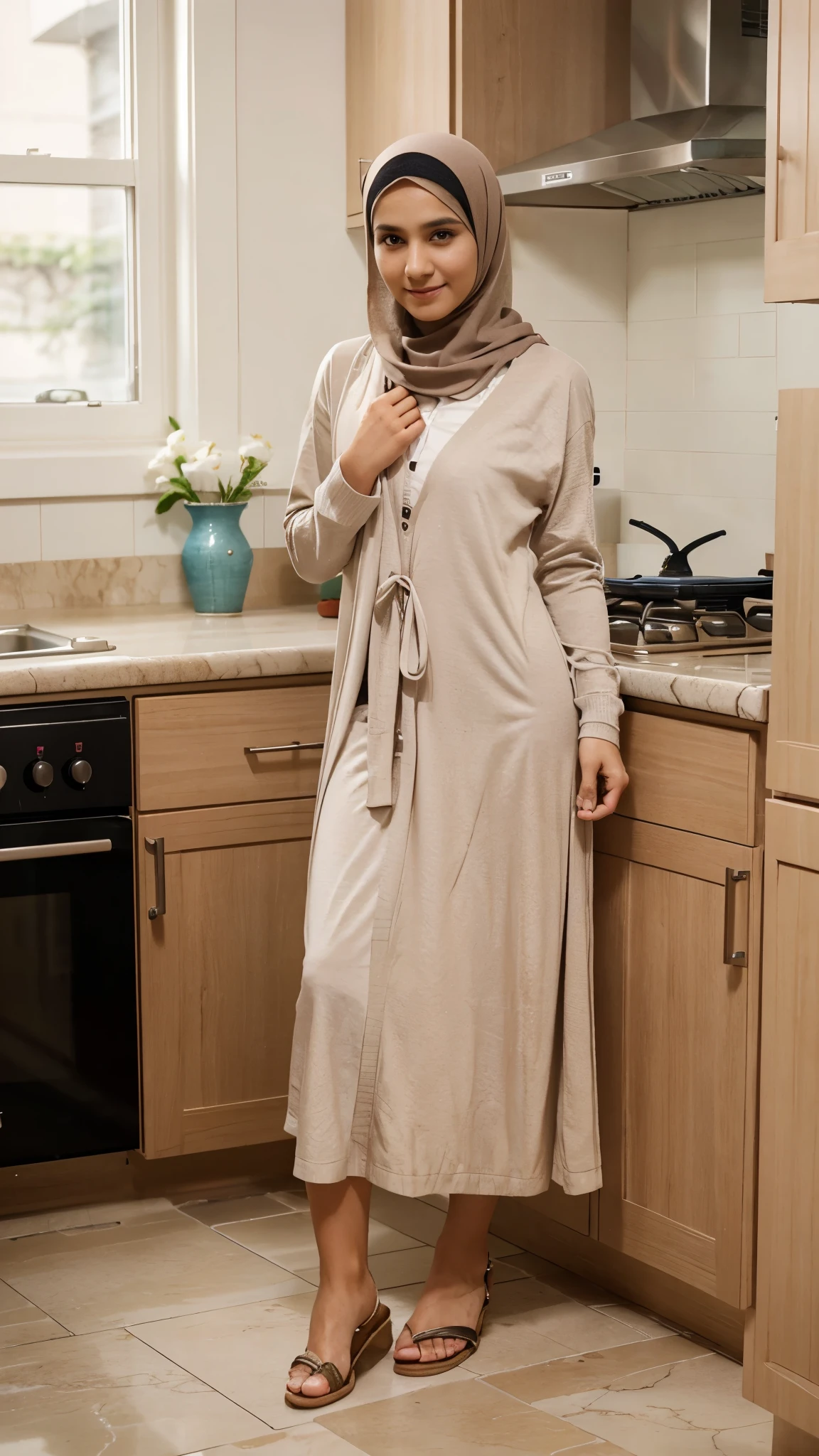 A boy crossdressing as a woman wearing a perfect hijab, no hair seen, muslim women long dress, cardigan, and woman's sandals standing femininely in the kitchen with shy expression, he is facing to the camera.