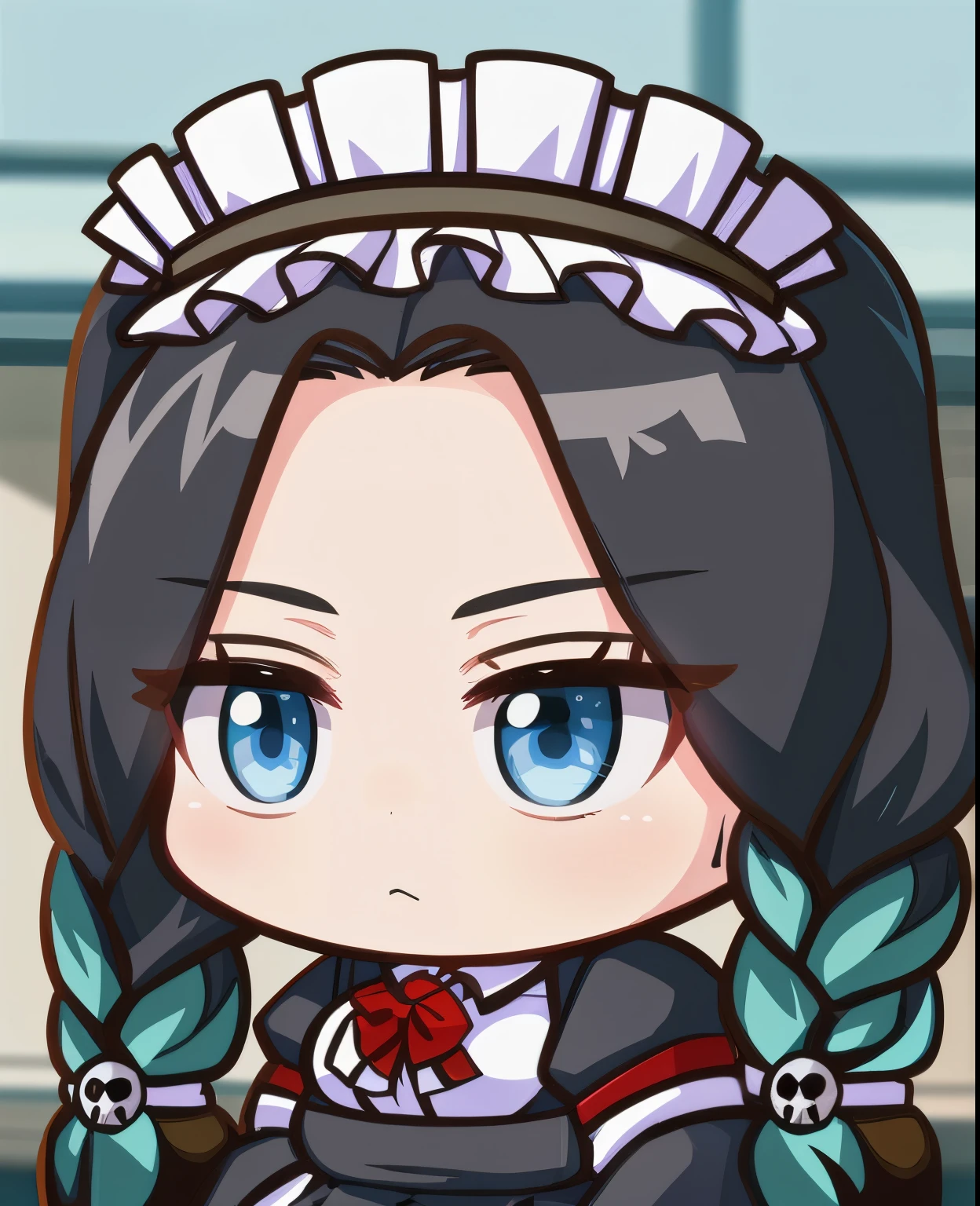 (masterpiece:1.2), highest quality, High resolution, 1 girl, ,pigtails, blue eyes, (big breasts:1.7), maid headdress, maid, maid apron, , alone, very detailed, low length, very young, very cute, looking at the viewer, japanese girl, No expression, skull hair elastic