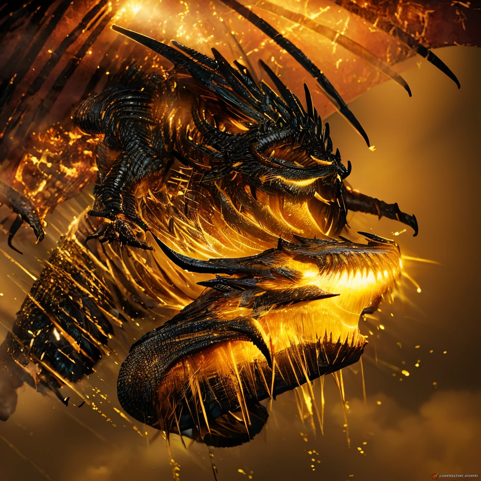 (Golden heavenly dragon) com (olhos vermelhos penetrantes),closeup liberando (Fogo de sangre) pelo nariz,escamas bulumetricas,alta calidad,8K,muitos detalhes,paticulas de Fogo,Infelizmente,4 patas,manchado de bile,ar,perigo,Fogo,dentes afiados,giant dragon,colossal,threatening,imponente,escamas azuis