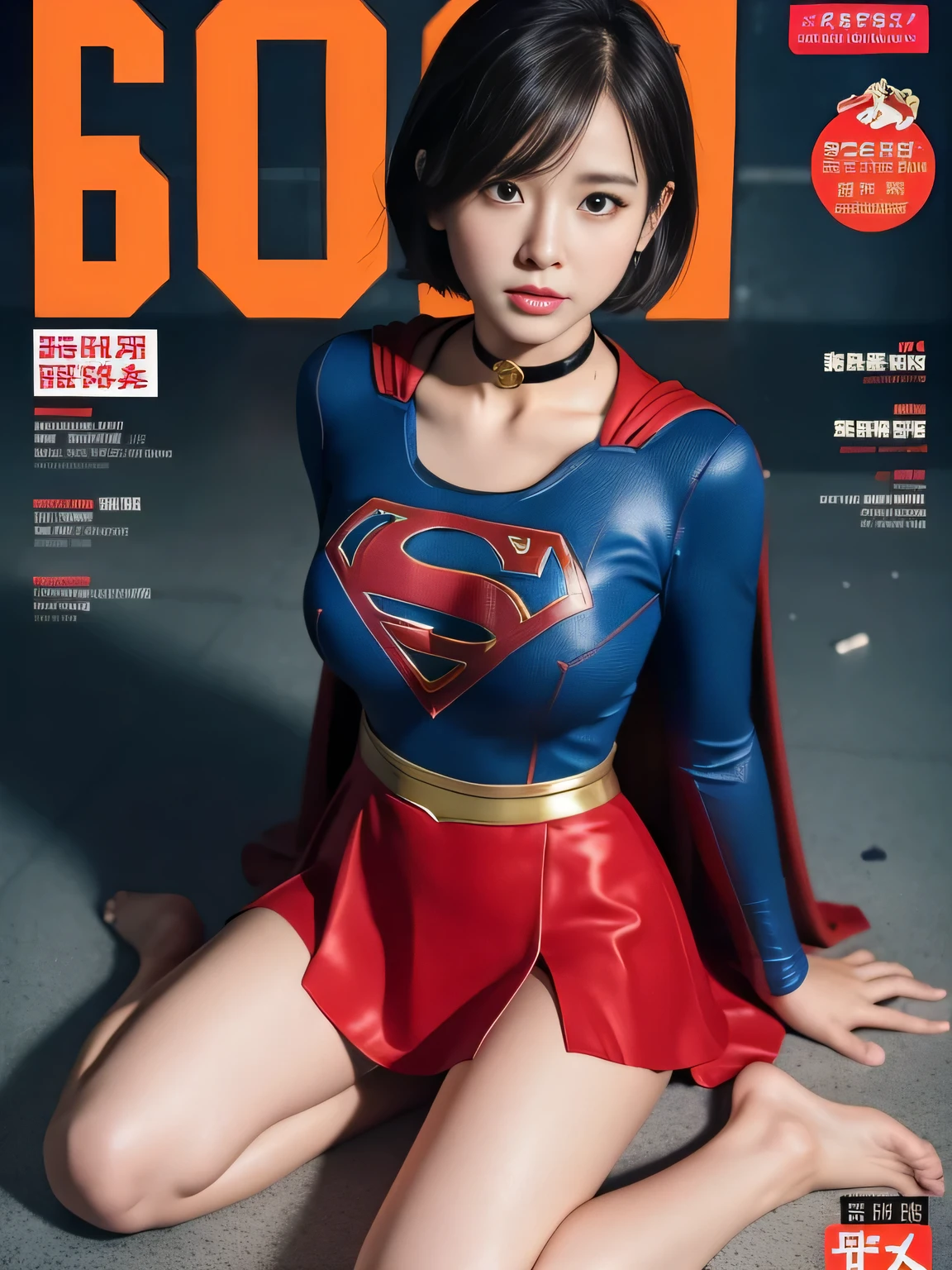 masterpiece、supergirl costume、short hair、barefoot、big and full breasts、Crisis situation、operating room、operating table、straddle、Sweat、shiny、look at the camera、provoke、Estrus、choker、Weekly magazine cover、long sleeve、red mini skirt、obscene pose、Seduce、