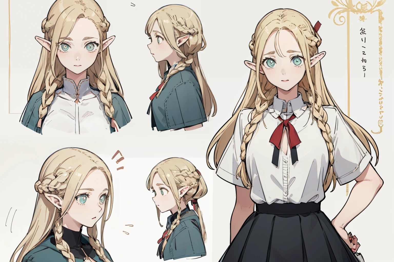 stockings,pantyhose,armor,White top,Stylish leather shoes, Pop Color,(whole body,Character design sheet,front,return,~ side,same characters),Long blonde hair,Thick eyebrows, Bust and waist,Beautiful blonde,(masterpiece),((Highest quality)),(Very detailed),(Beautiful eyes Beautiful details Eyes,Clean and delicate face,Five Fingers,Textile shade,Anatomical perfection)