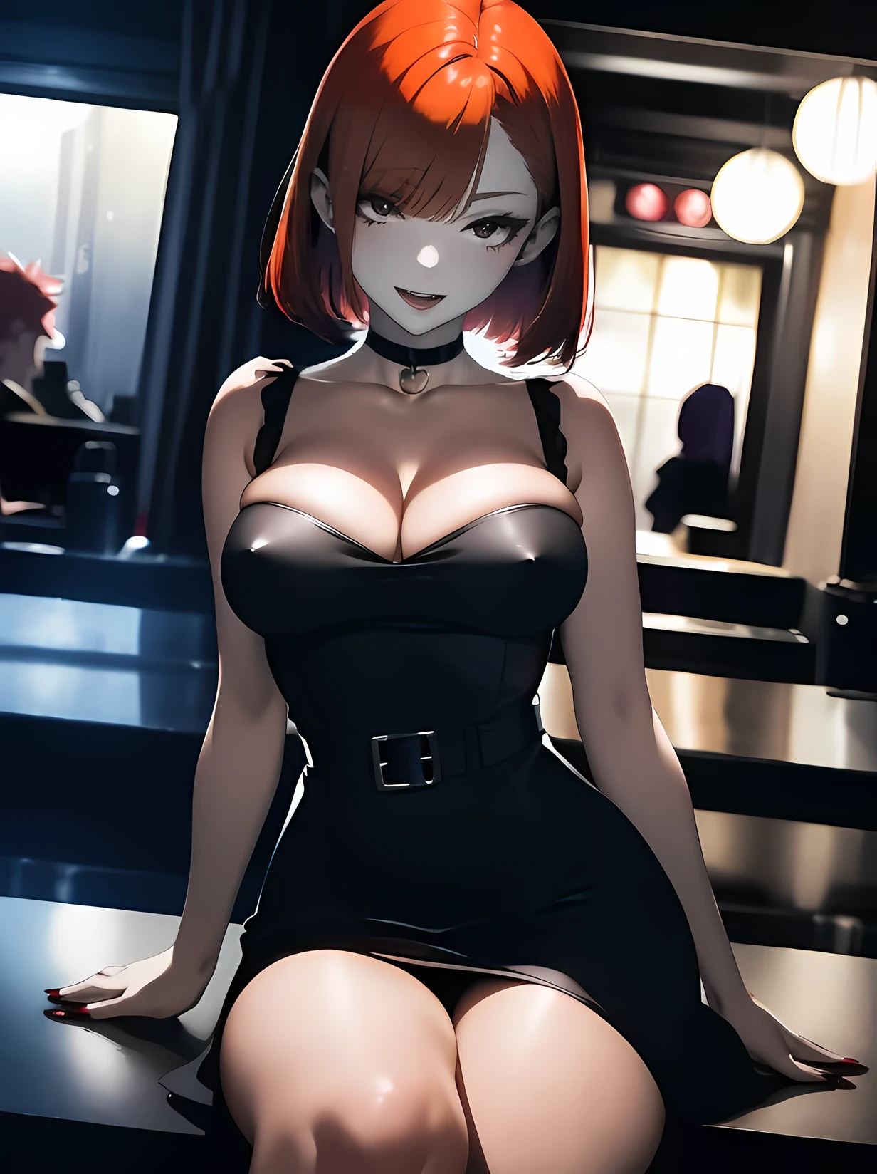 Best quality, perky tits, Suspender stockings, Woman, medium breasts, Jazz Club, (Red dress:1.2) (Black dress:1.4), bob haircut, choker on the neck, starry eyes, black style, professional, (Red hair:1.3) (purple hair:1.1) full height, girl sitting at the club counter, dim light in the room, Japan, mole under the eye, anime style, chiaroscuro, reflection the world, sparkle, wide shot, 8K, UHD, anatomically correct, Super detail, high quality, High detail, Best quality, A high resolution, 1080p