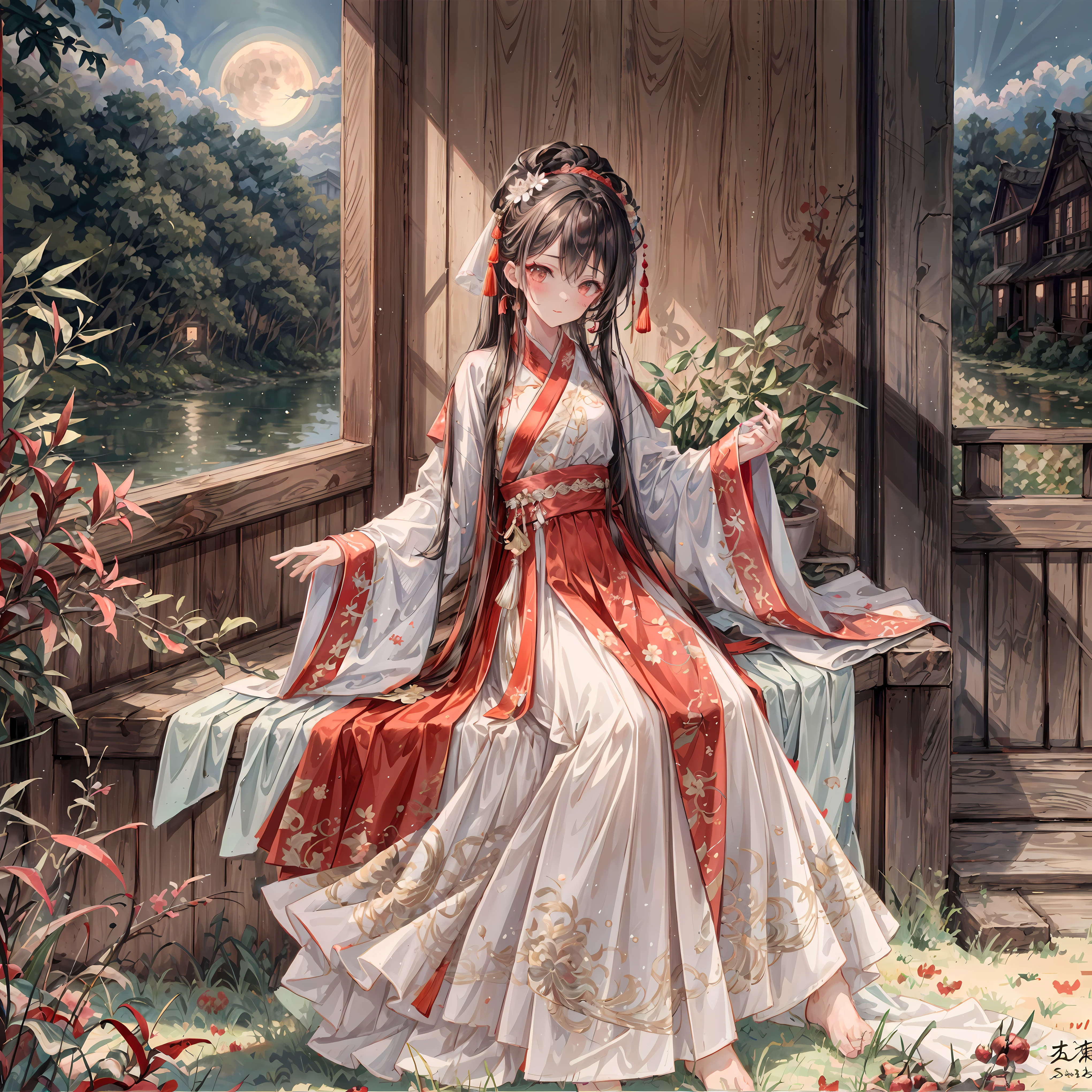 (Ridiculous, super detailed), (1 girl: 1.3), (alone, Hand Painted, Simple lines, 16-year-old girl wears red Hanfu, lying in bed barefoot, indoors, moonlight, night, red nose, leave, high resolution, masterpiece), (Permanently installed, posture), in the moonlight bedroom, There is a 16 year old girl wearing (Red Jinxi makeup weft brocade large sleeve shirt bright red (Hanfu), Embroidered mandarin duck、pomegranate pattern, Fastened to the chest with a collar button inlaid with red gemstones and quartz), Wearing a skirt embroidered with hundreds of blessings, The long skirt reaches three feet to the ground, Edges rolled into filament trim, Studded with colorful beads, Flowing red dress and red tulle veil, The soft moonlight outside the window reflects the room, Dim lighting creates a peaceful atmosphere, Her face is painted with blush powder, Add a touch of innocence and charm. Her clothing is beautifully Hand Paintedditional costumes with intricate details. Simple and elegant lines capture the essence of Hanfu style. that girl (barefoot) Exudes a feeling of comfort and relaxation. This artwork was created with incredible resolution and attention to detail, Make every stroke and every fine line clearly visible. The work is a masterpiece that embodies the creator's skills and artistry. This point of view is from a girl’s perspective; Her point of view is to immerse the audience in her world. This prompt is intended to generate (Super detailed, high resolution images) In a traditional Chinese style setting, capturing the beauty and tranquility of a moonlit night.